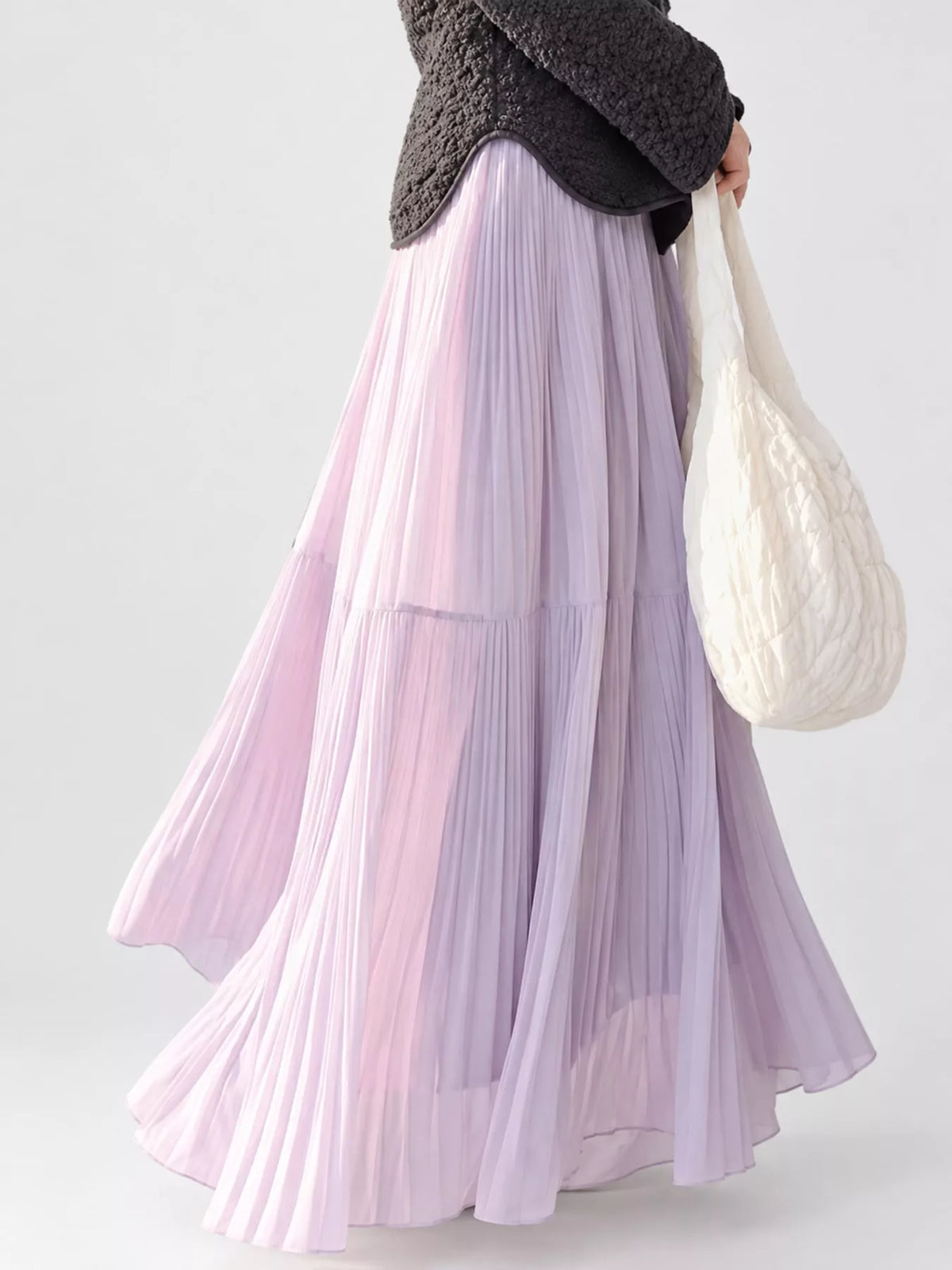 Light purple tiered pleated maxi skirt with high elastic waistband