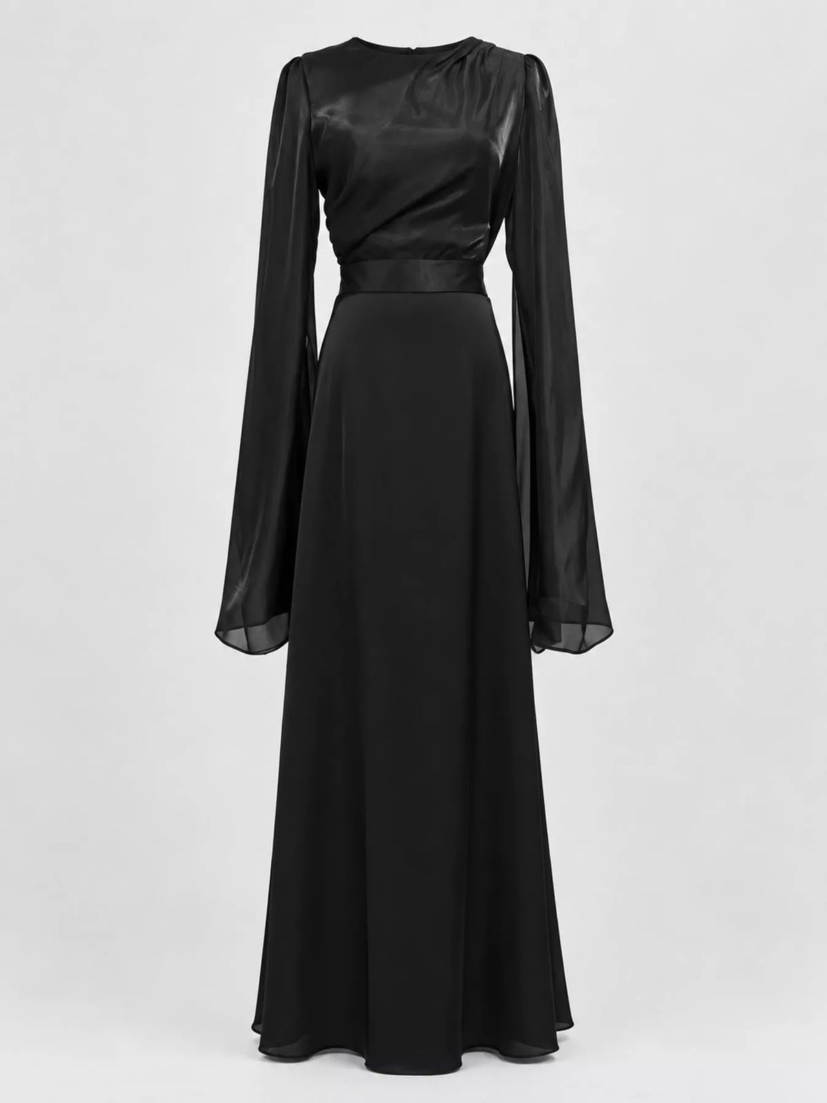 Black floor-length dress with a fitted waist and long sheer flare sleeves