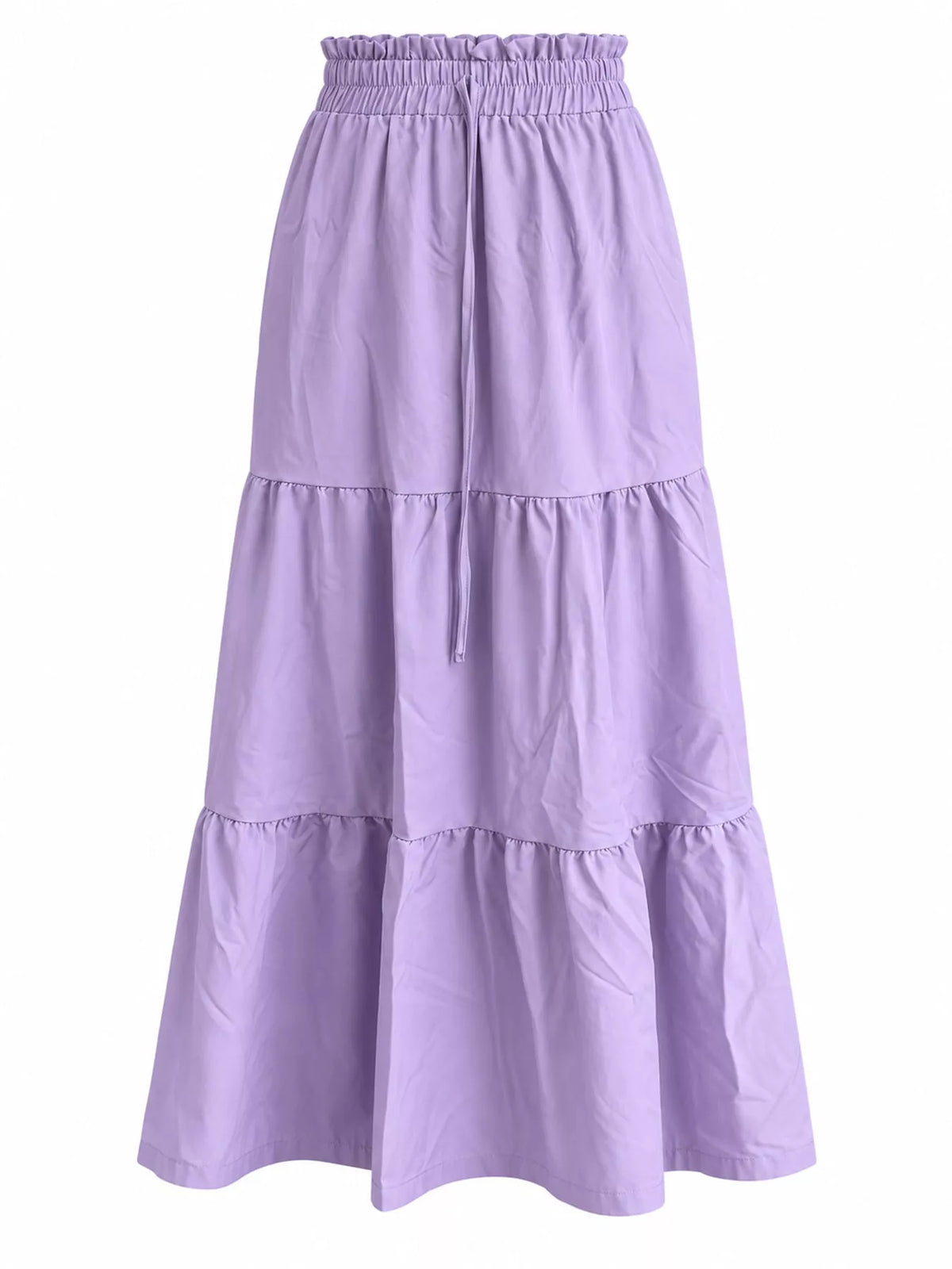 Lavender tiered midi skirt with elastic waist and three ruffle tiers