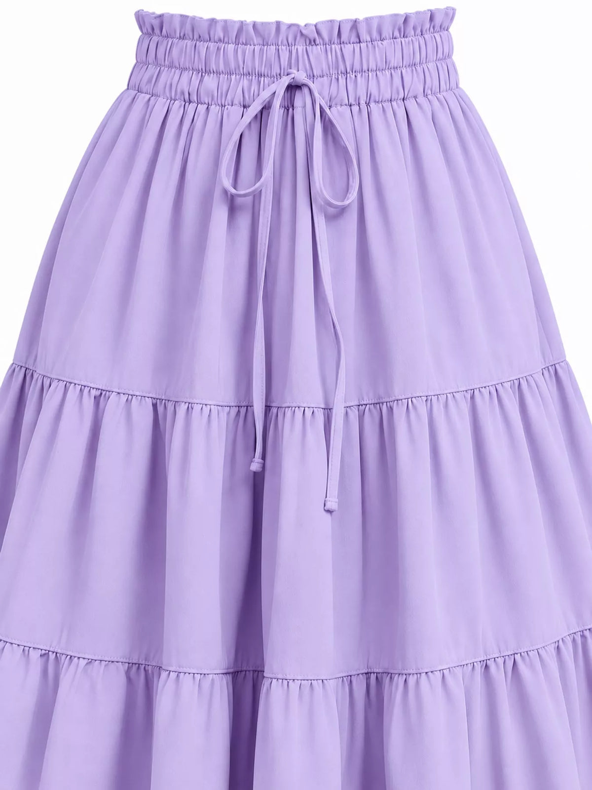 Lavender tiered skirt with elastic waistband and bow drawstring; layered ruffles