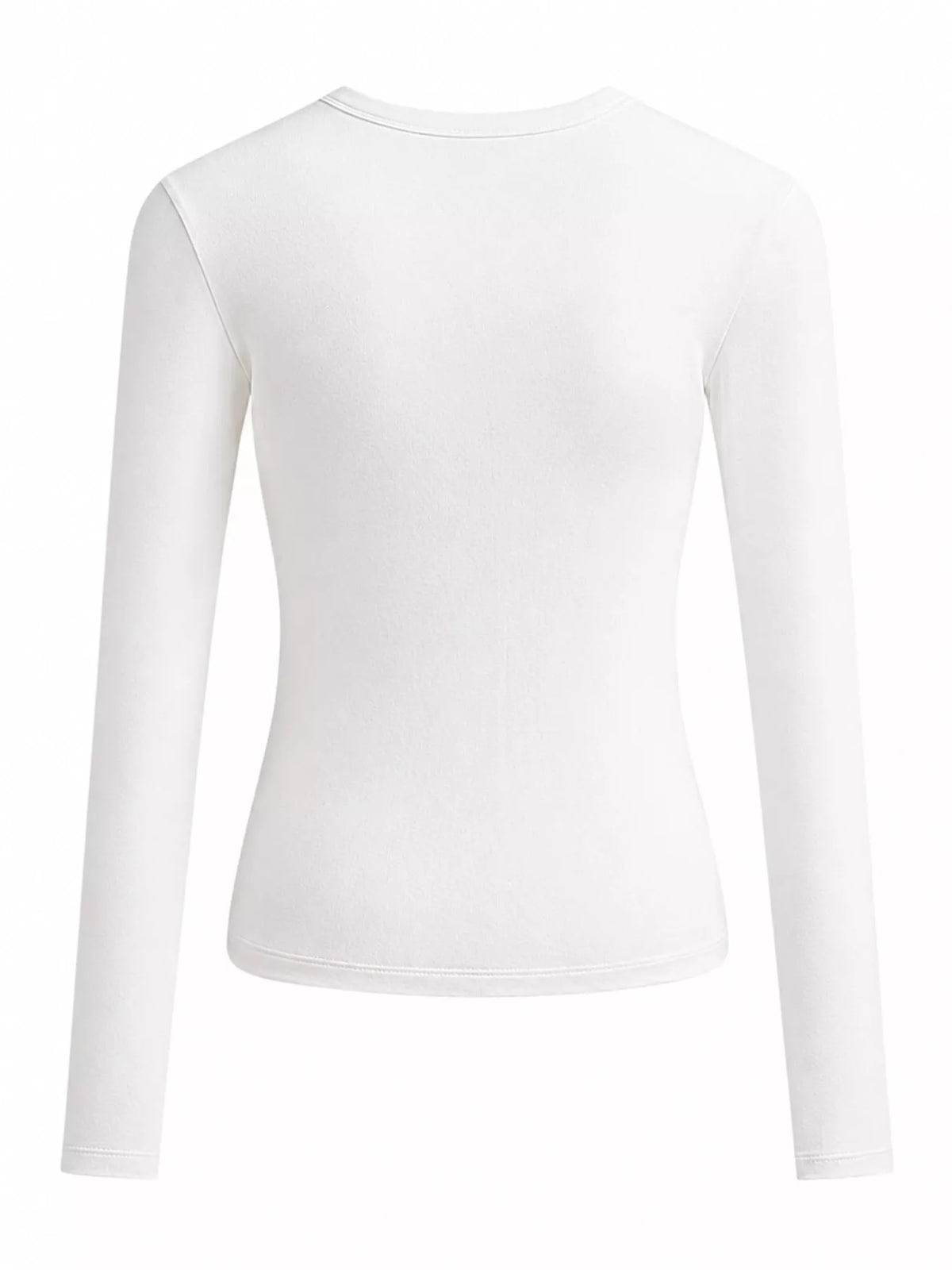 White long sleeve crew neck T-shirt, slim-fit cut with curved hem.