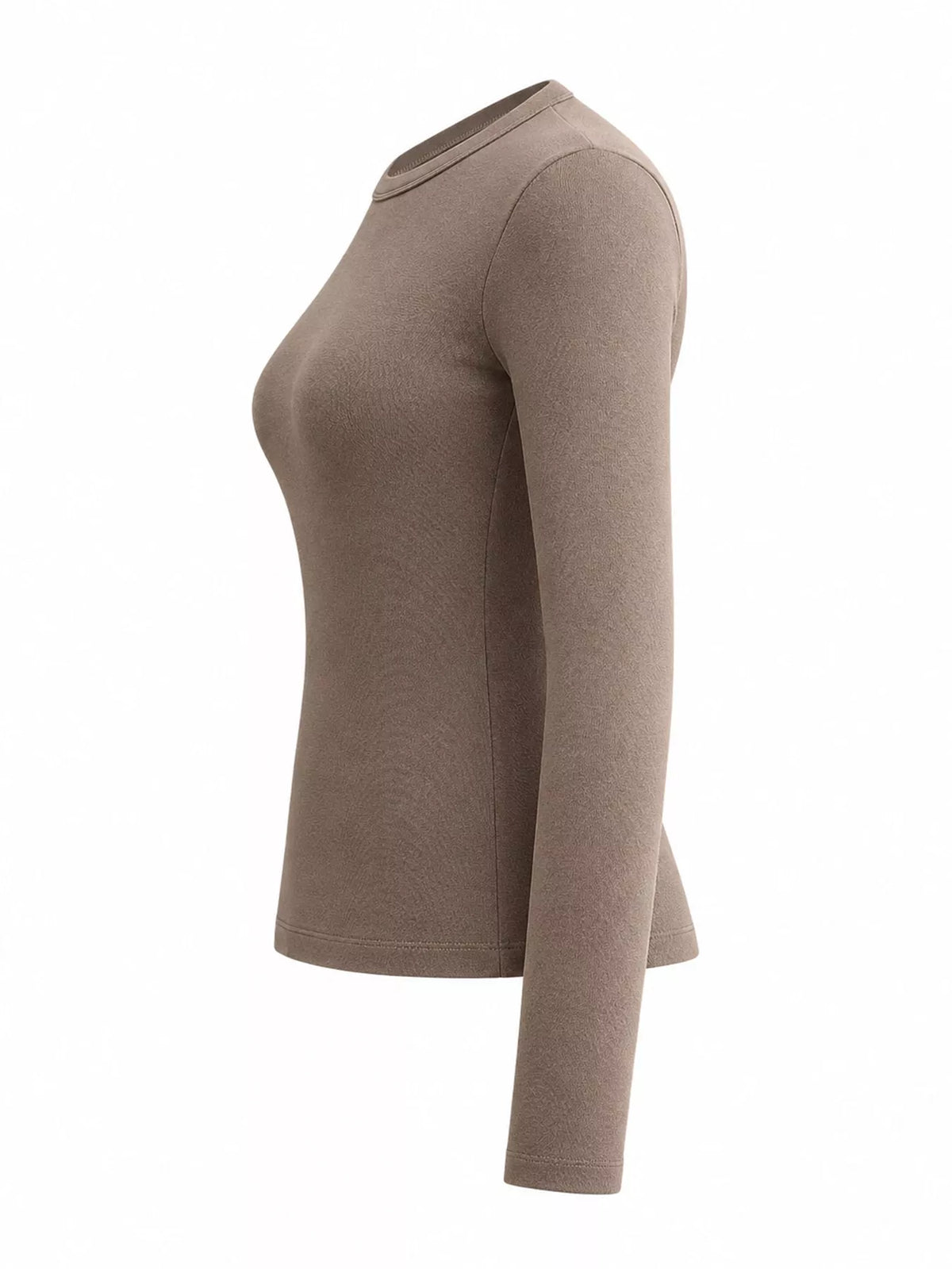 Coffee-brown long-sleeve crew neck T-shirt, slim fit, side view