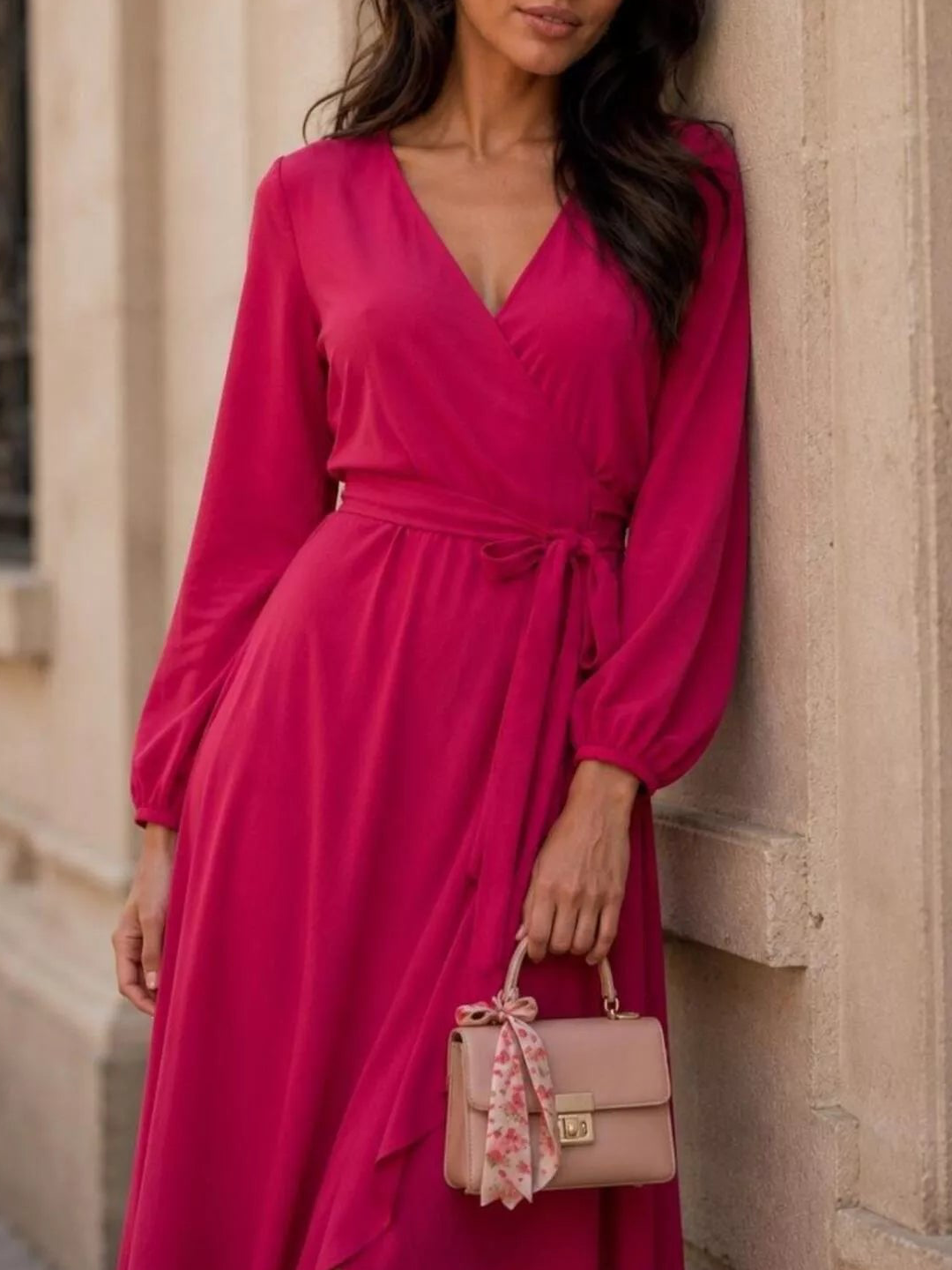 Scarlet wrap dress with V-neck and waist tie, long puff sleeves, midi length.