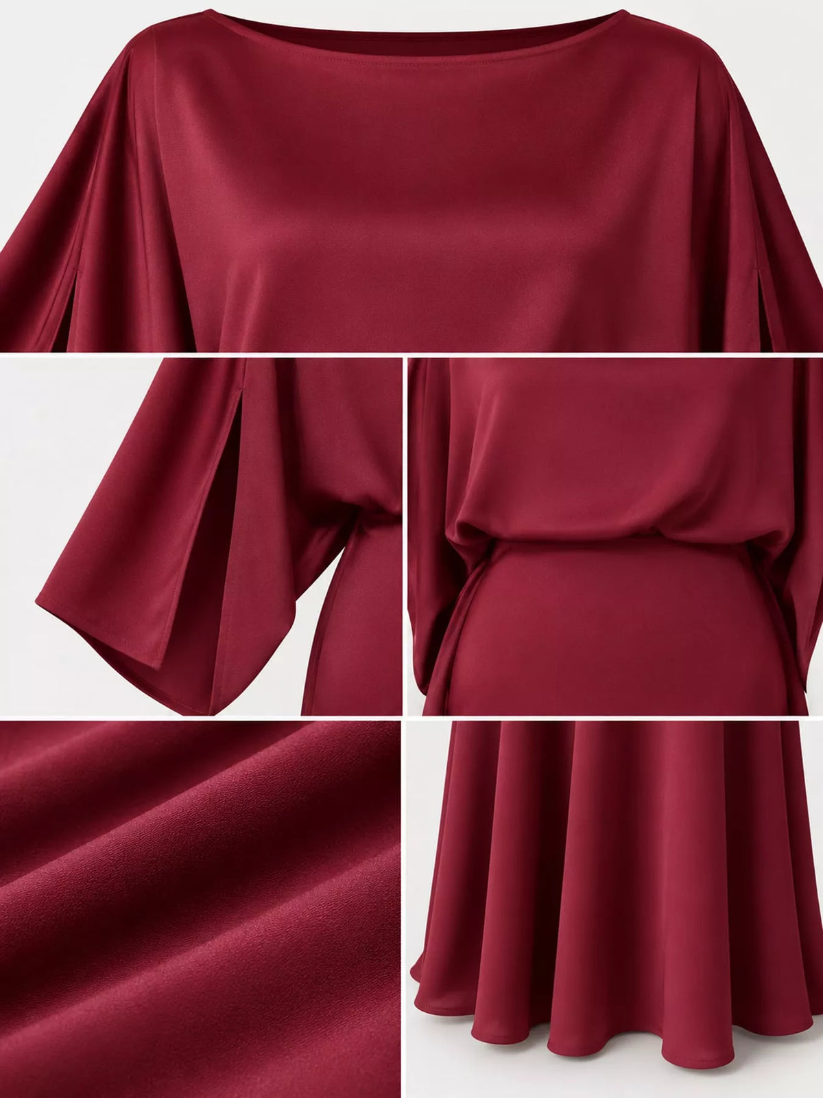Wine red satin dress detail: cape sleeves, fitted waist seam, flowing skirt