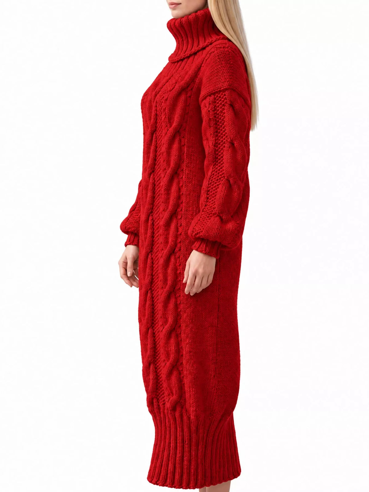 Chunky cable-knit turtleneck sweater dress in red, side view, midi length with ribbed hem.