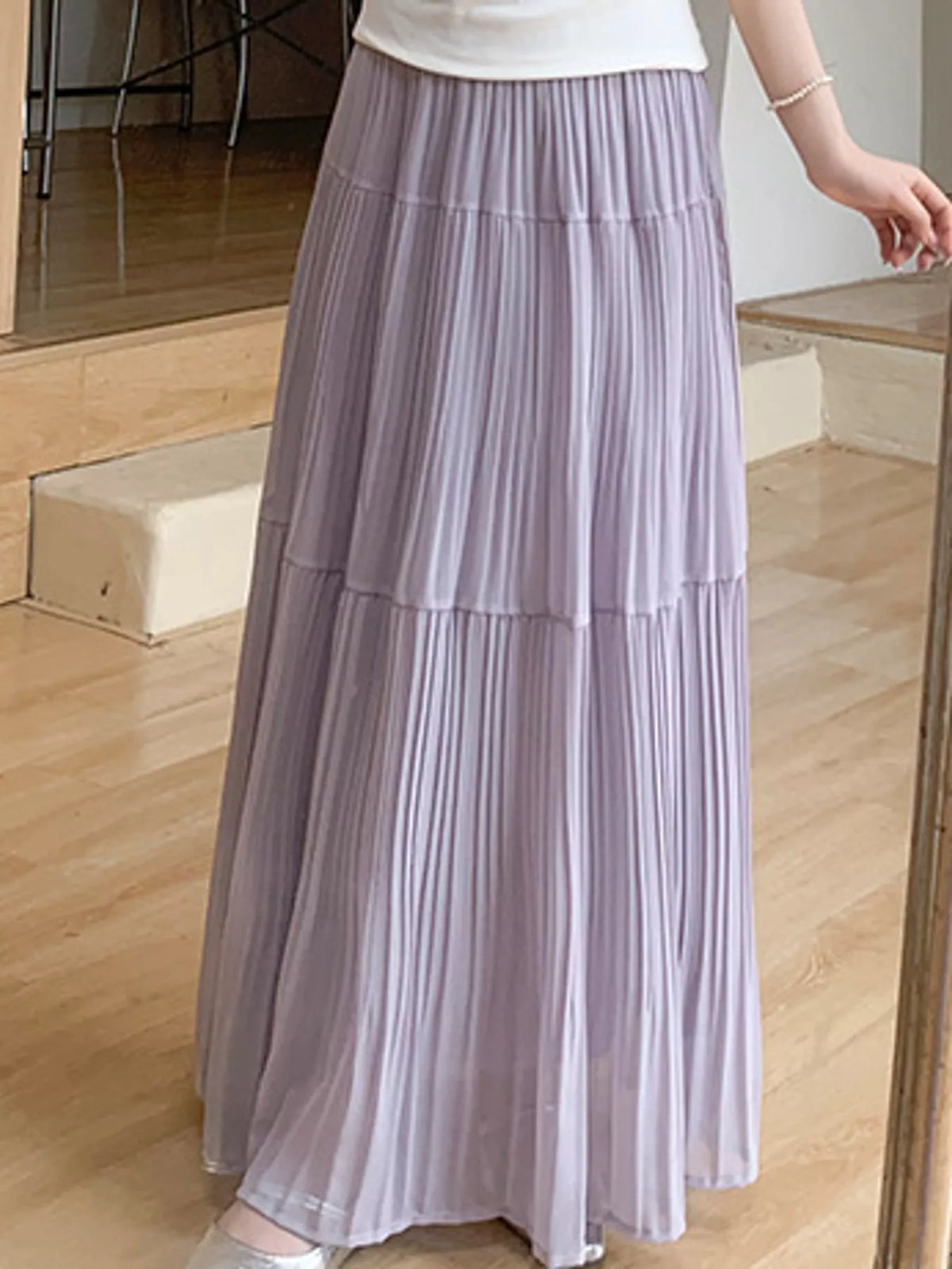 Lavender tiered pleated maxi skirt with high elastic waistband