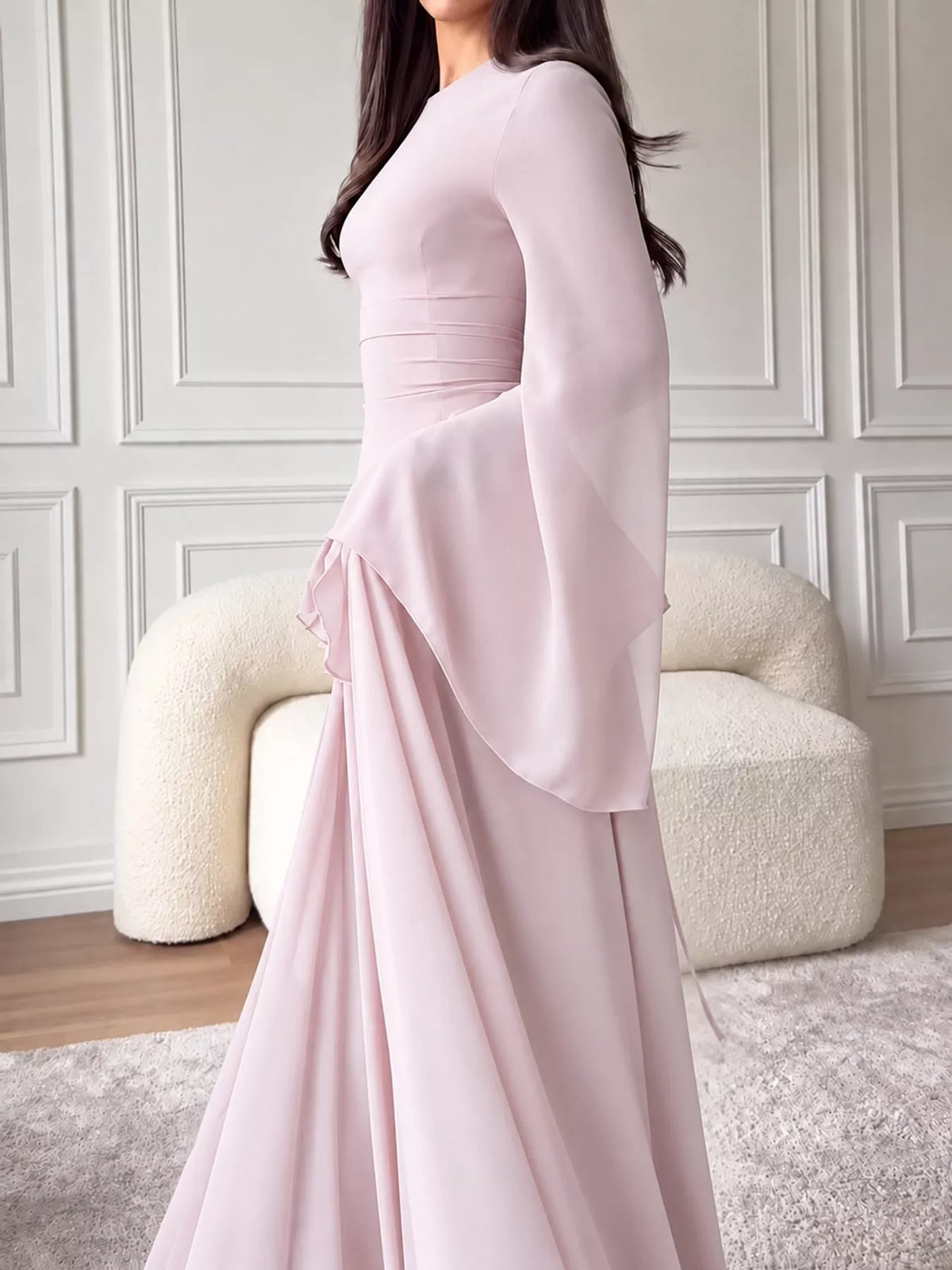 Light pink ruffled flare-sleeve maxi dress with pleated tiered skirt