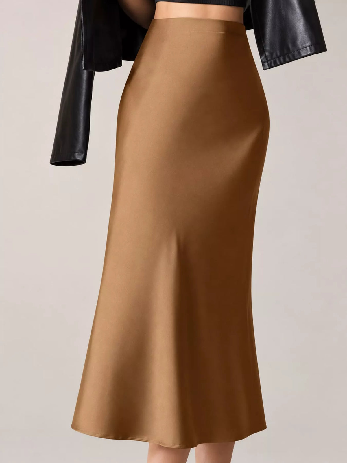 Nude tan satin high-waisted midi skirt, smooth finish, gentle flare to hem