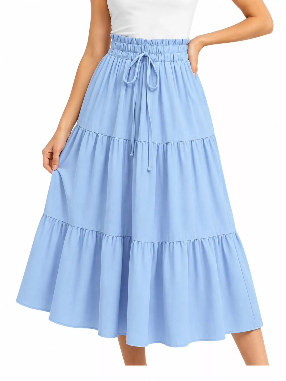 Sky blue tiered midi skirt with elastic waistband and center drawstring tie.