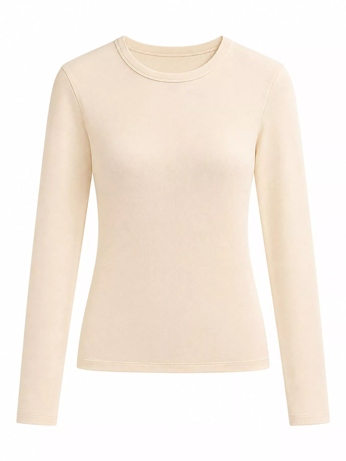 Plus-size slim-fit long-sleeve crew-neck T-shirt in cream-beige, front view