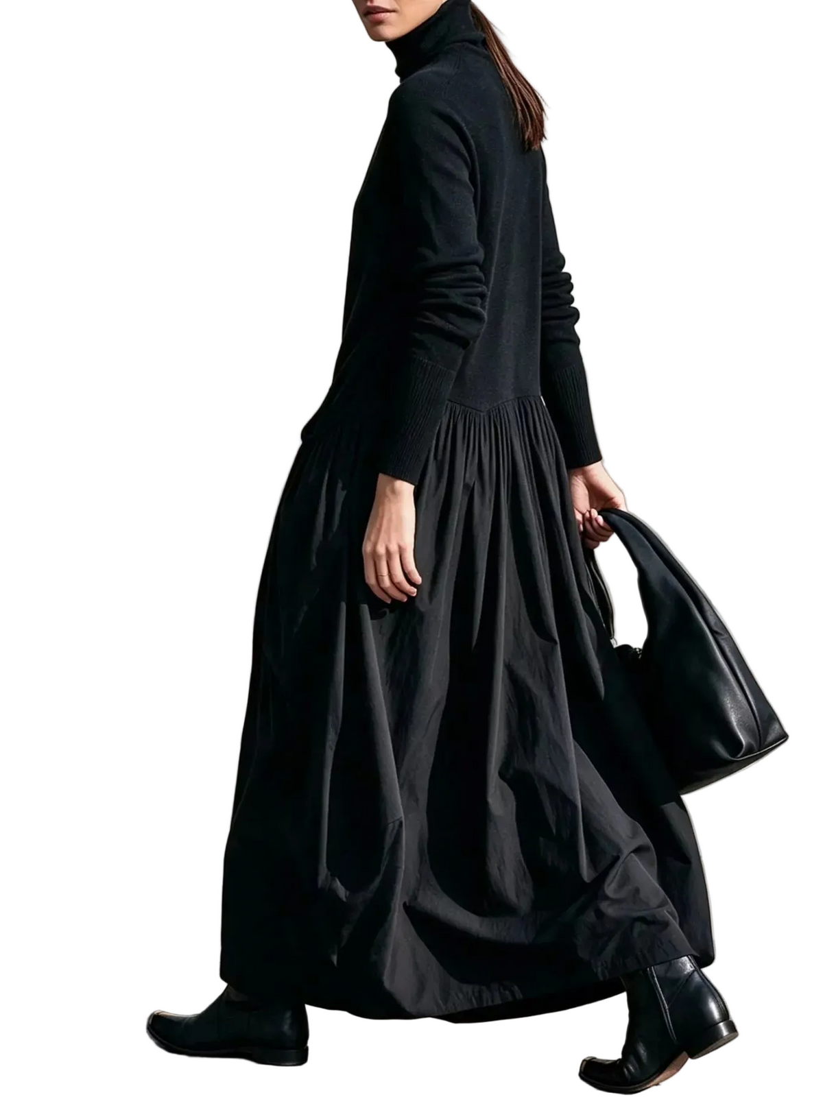 Black turtleneck long-sleeve maxi dress with gathered waist, full skirt, side pockets