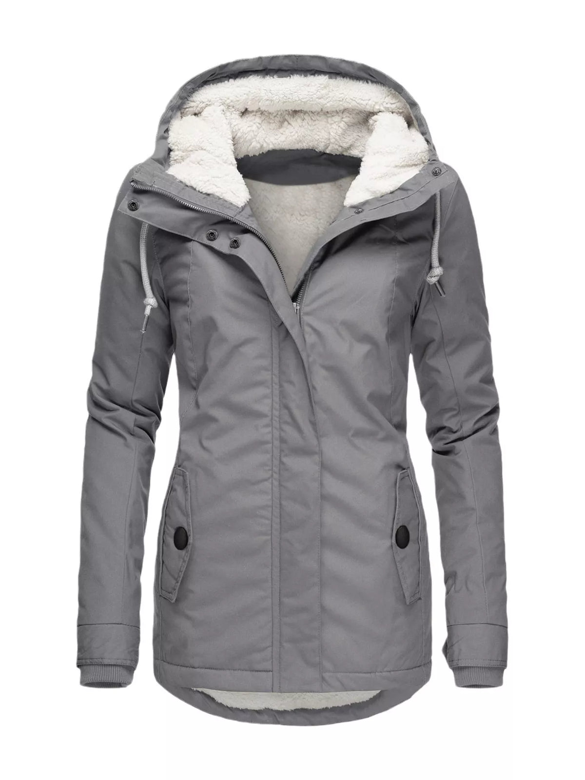 Sherpa-lined hooded parka in light gray with sherpa-lined hood and buttoned pockets.