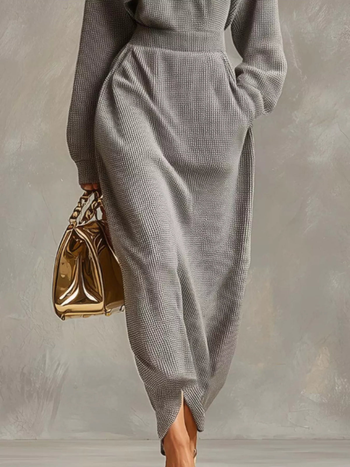 Grey midi dress showing waffle texture, fitted waist and front hem slit