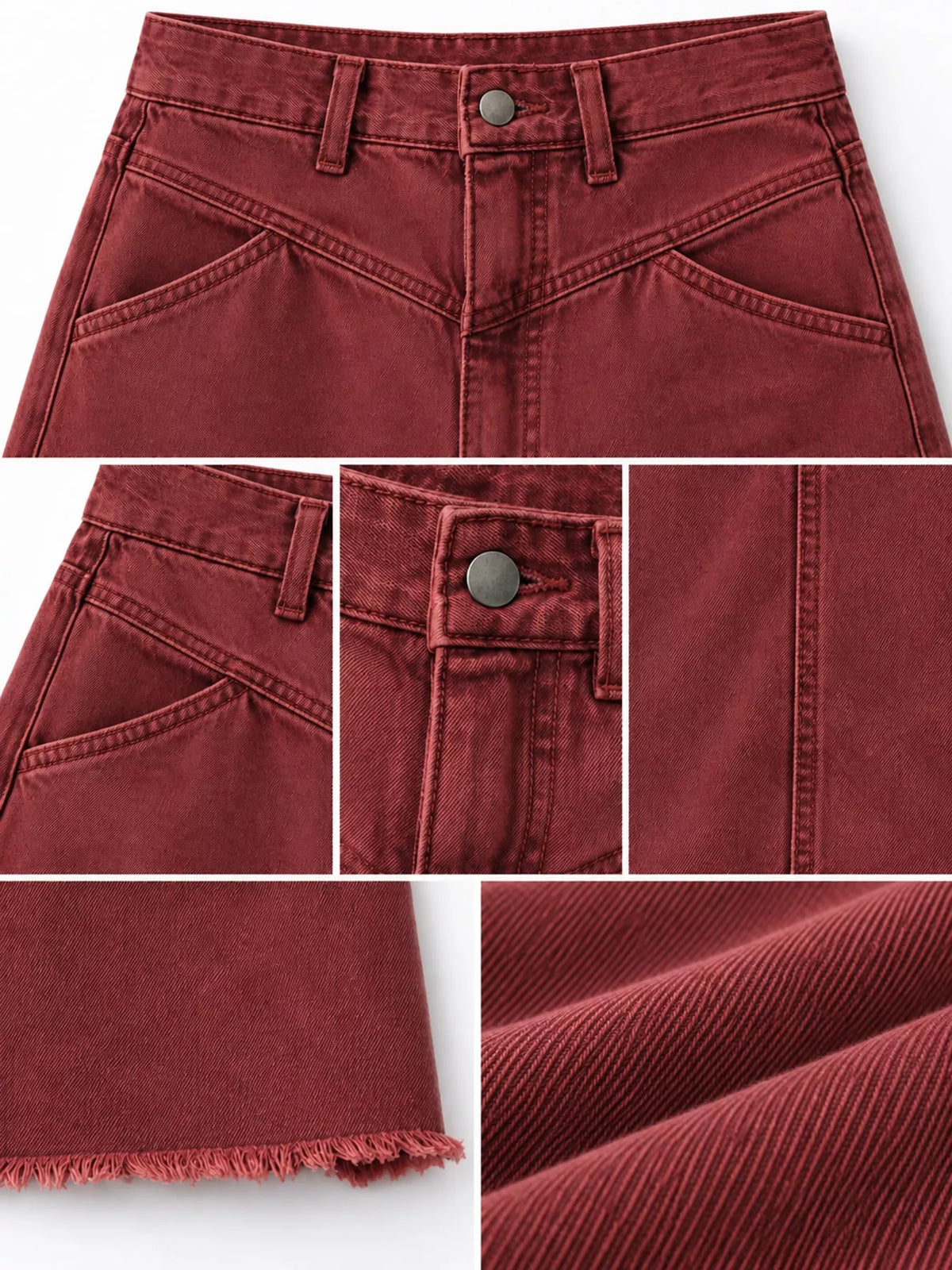 Burgundy denim skirt detail: waistband button, stitched seams, and raw hem