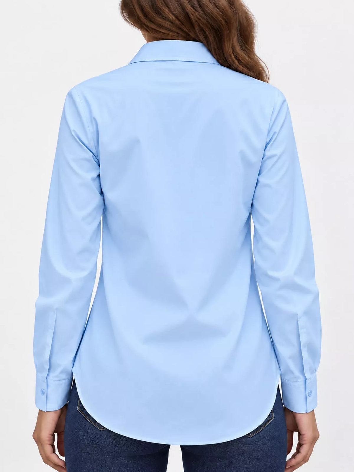 Light blue button-up long sleeve shirt, back view with yoke and sleeves