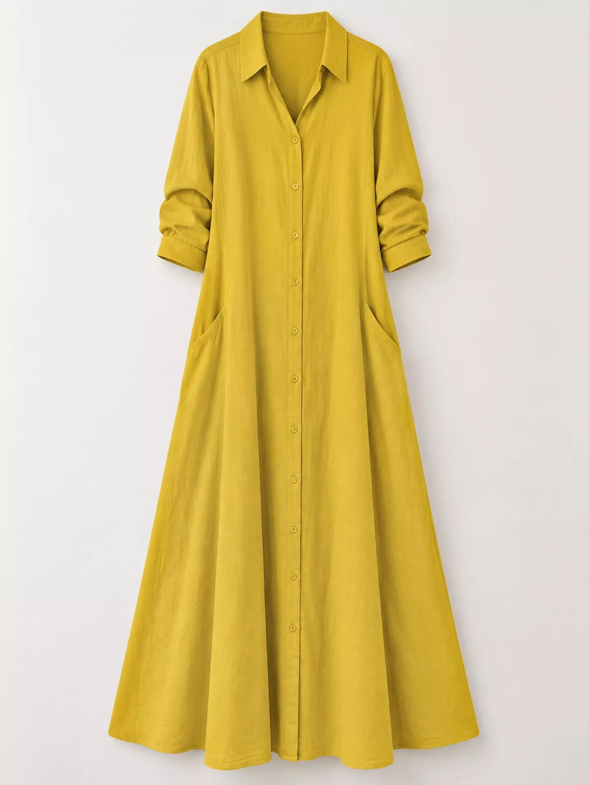 Mustard yellow button-front maxi shirt dress with collared neckline and button placket