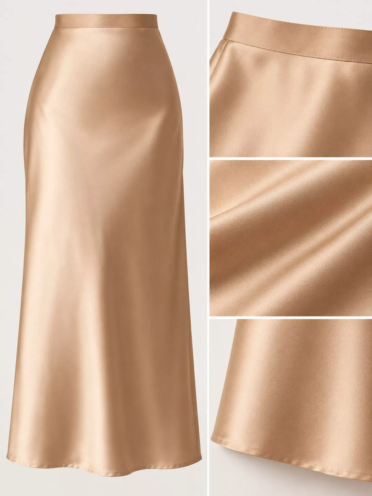 High-waisted satin midi skirt in nude beige with vertical seams and mid-calf hem