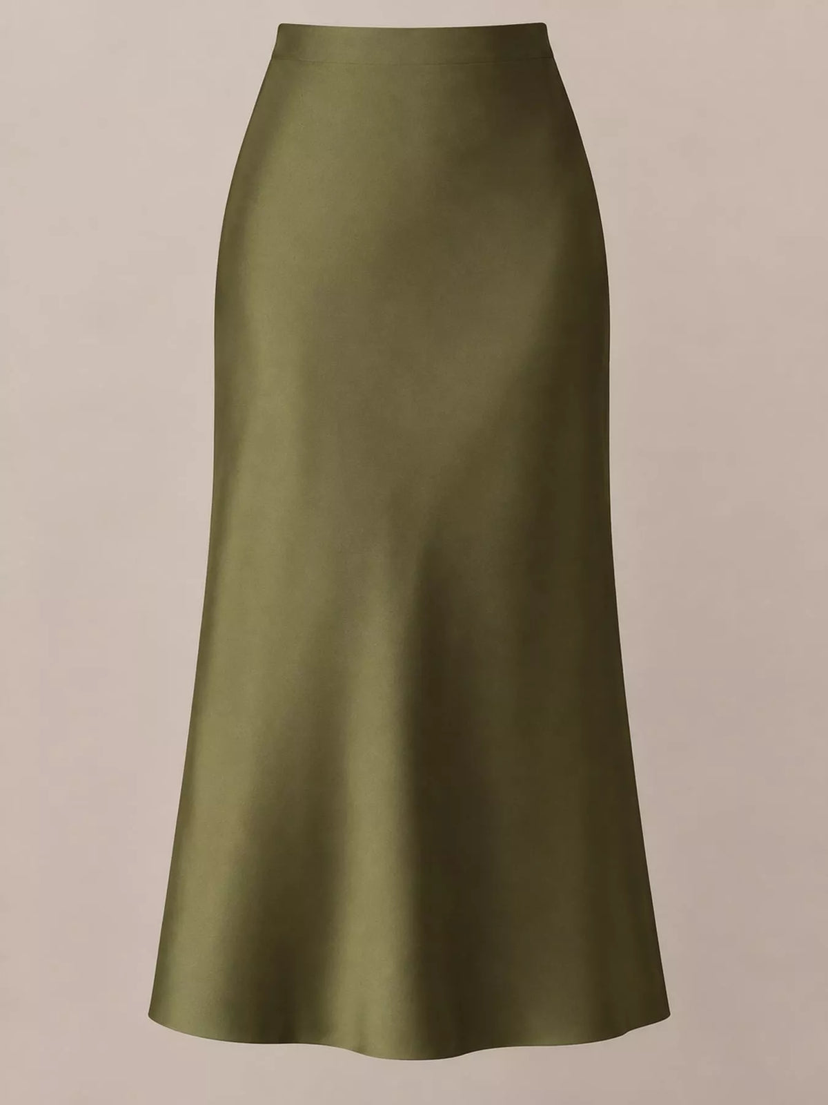 High-waisted satin midi skirt in olive green, solid color with straight midi length