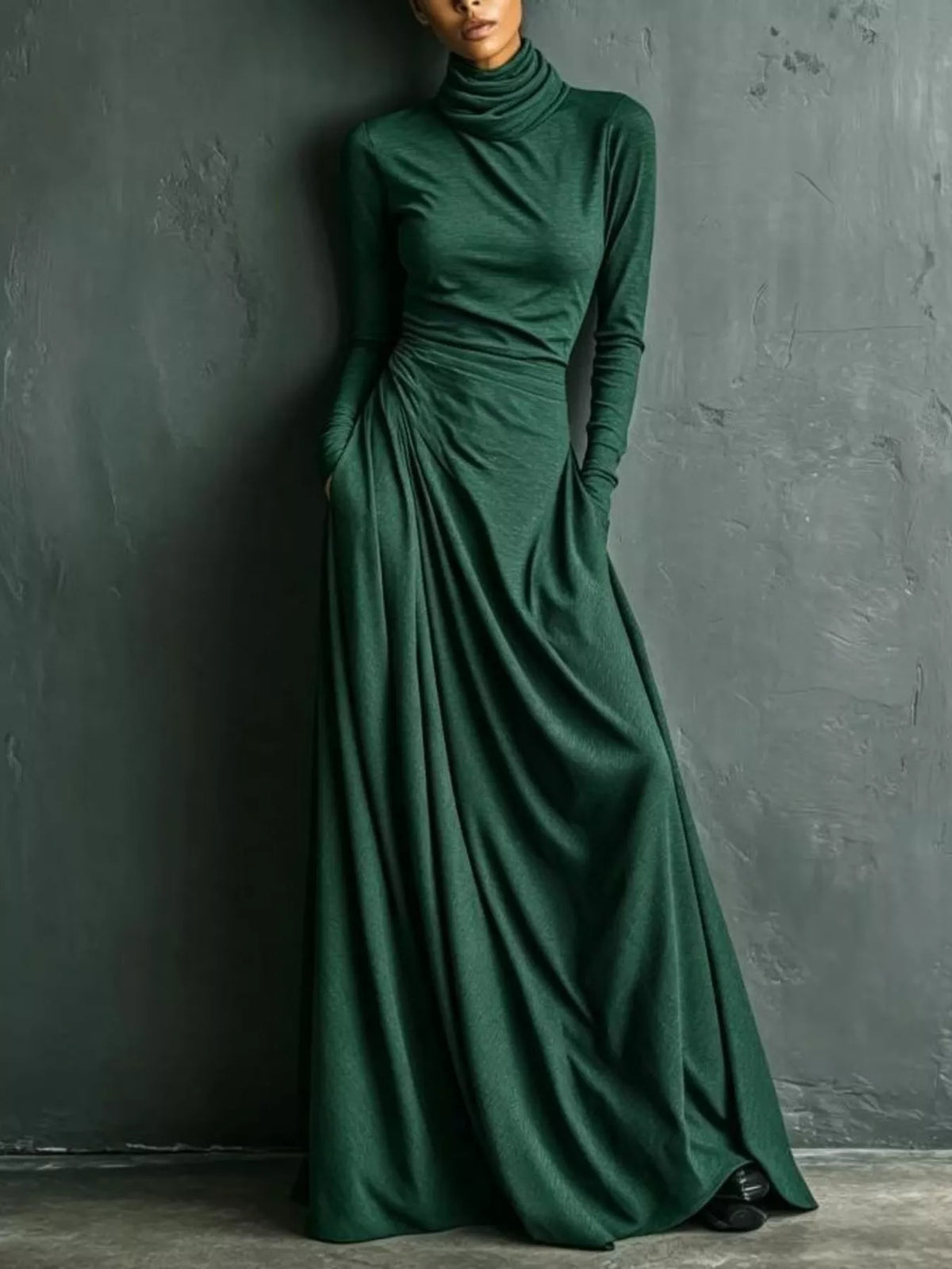 Draped turtleneck maxi dress in dark green, ruched waist, long sleeves