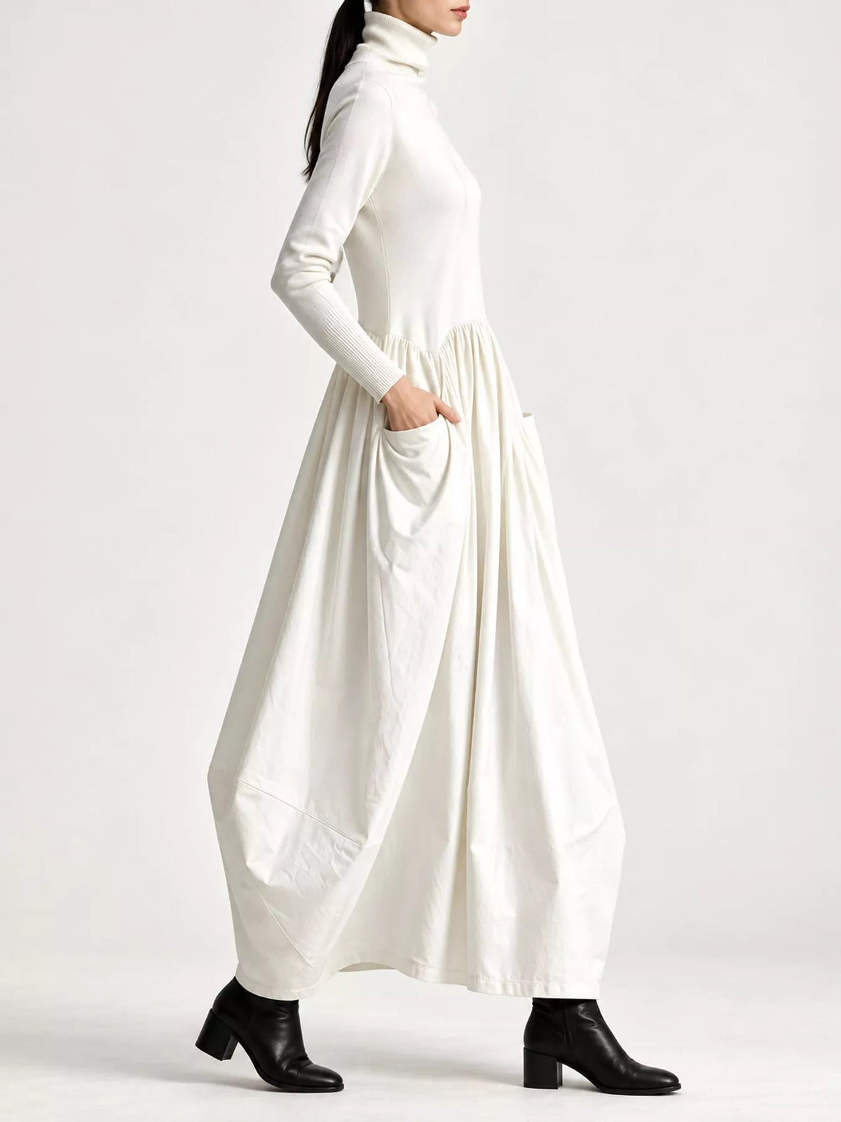 White turtleneck long-sleeve maxi dress with gathered skirt and side pocket