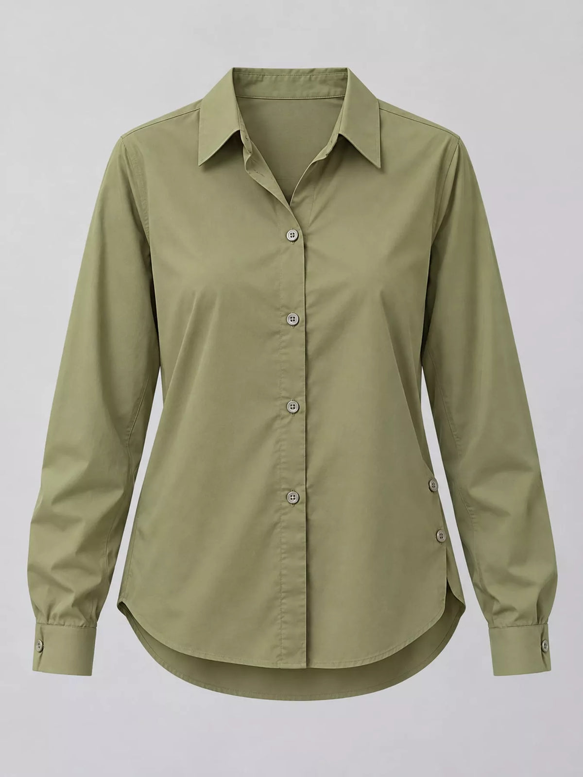 Olive green button-up long sleeve shirt, pointed collar and button front placket