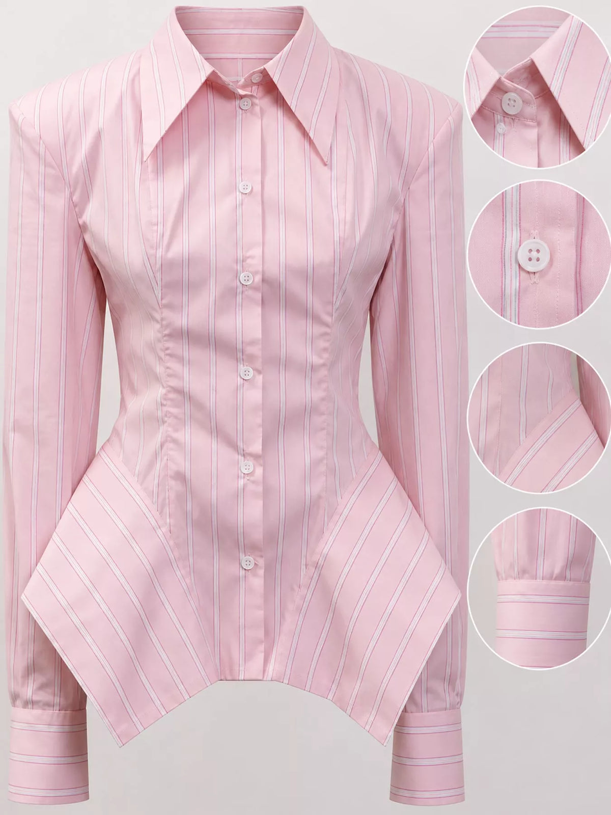 Pink vertical striped button-up long sleeve shirt with point collar and button placket