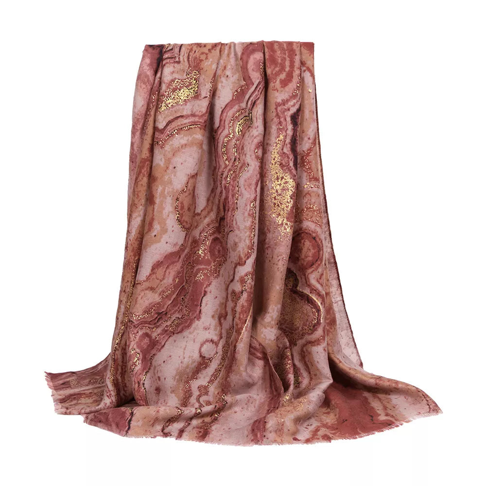 Rose marble print foil scarf with fringe ends