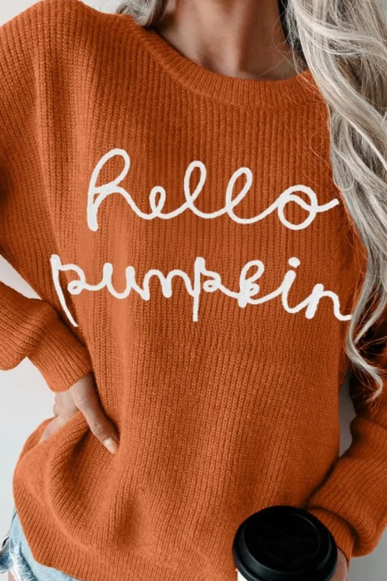 Terracotta knit sweater with crew neck, long sleeves, and 'Hello pumpkin' graphic