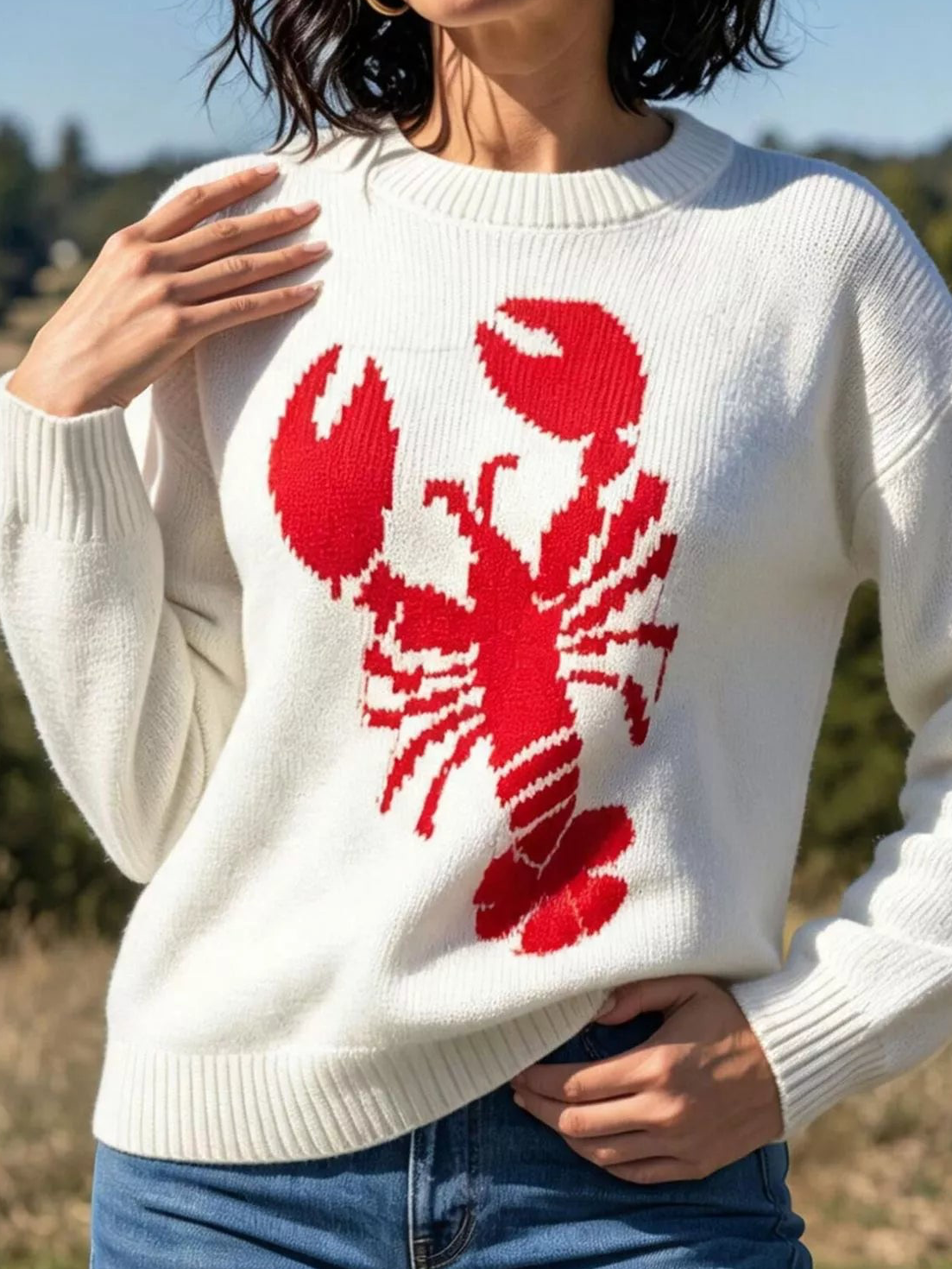 Ivory crew neck sweater with red lobster knit graphic, front view