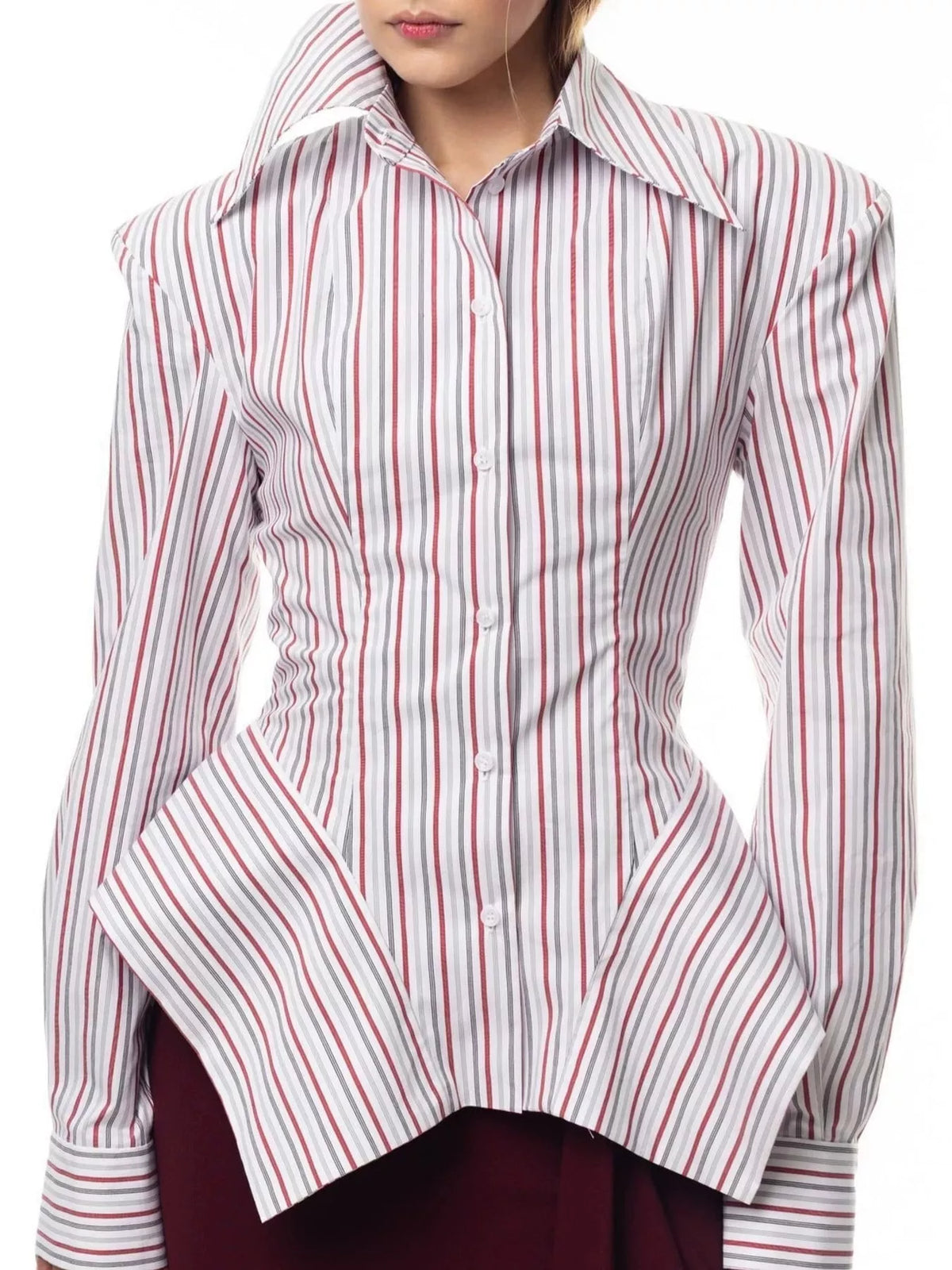White-and-red vertical striped button-up long sleeve shirt with point collar and curved hem