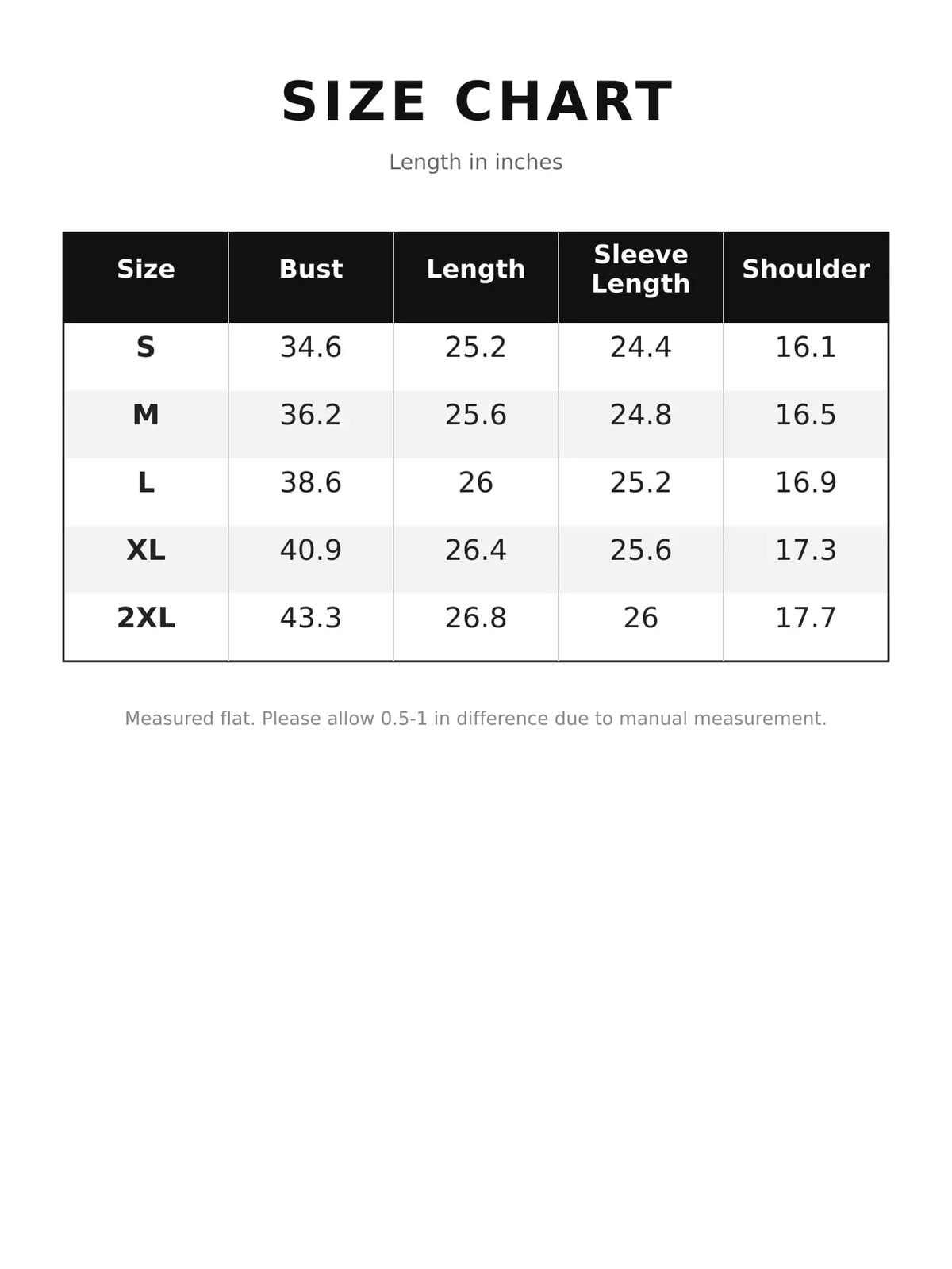 Blouse size chart (S to 2XL) with bust, length, sleeve length, and shoulder measurements