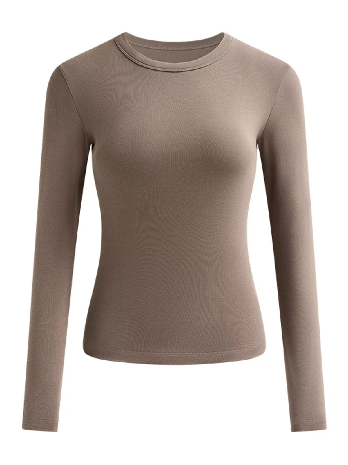 Plus-size slim-fit long-sleeve crew-neck T-shirt in coffee-brown, front view