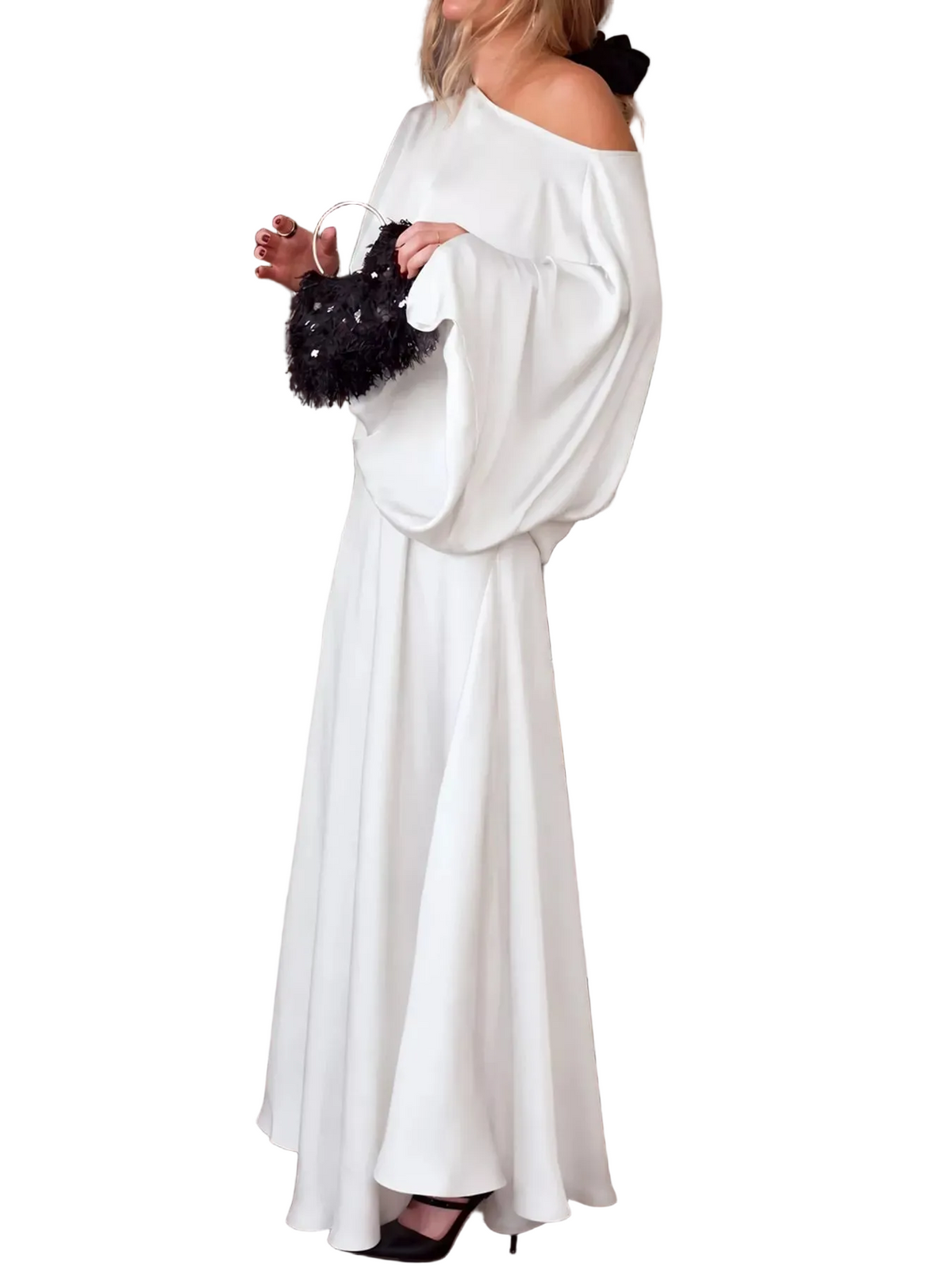 White satin maxi dress with draped neckline and loose cape sleeves, full hem