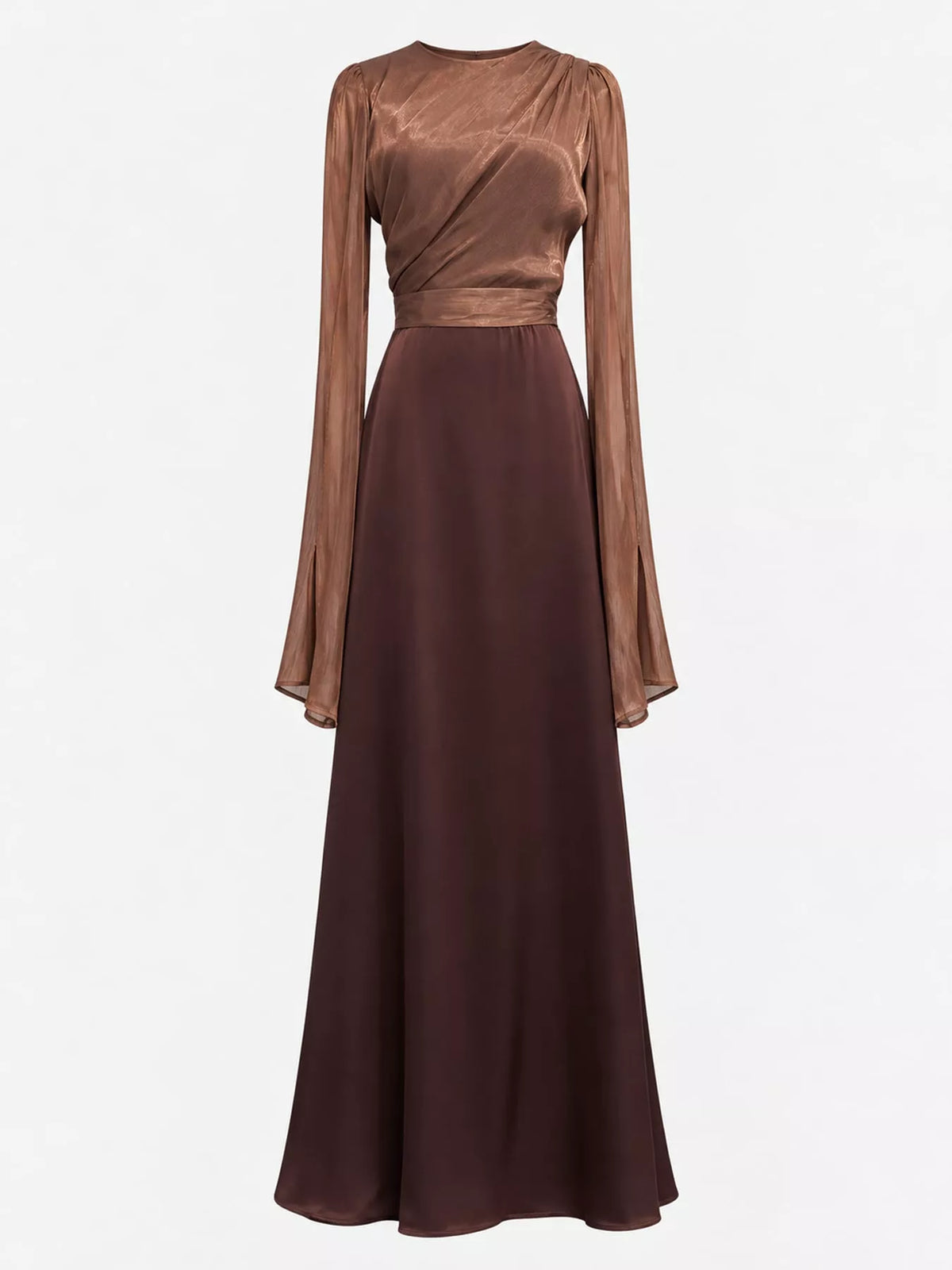 Two-tone maxi dress with a brown ruched top, burgundy skirt, and long flared sleeves