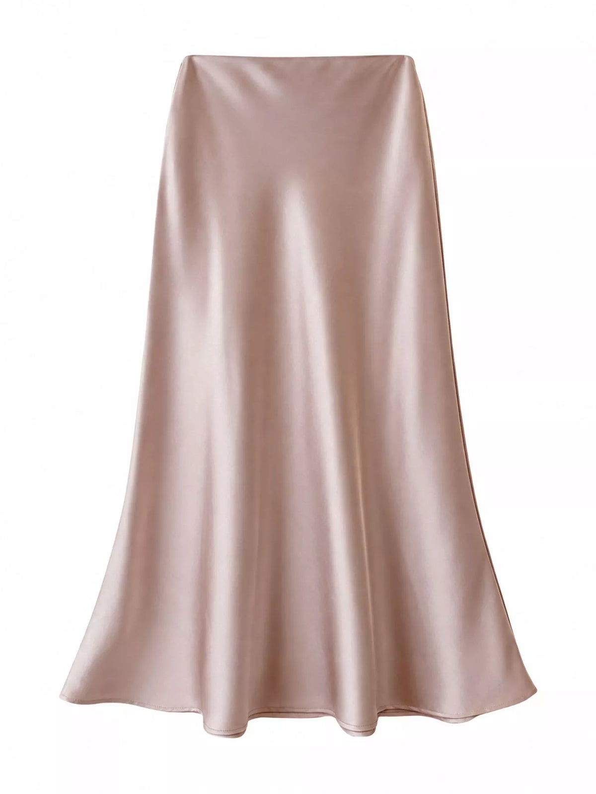 Dusty pink satin midi skirt with a high waist and flared hem