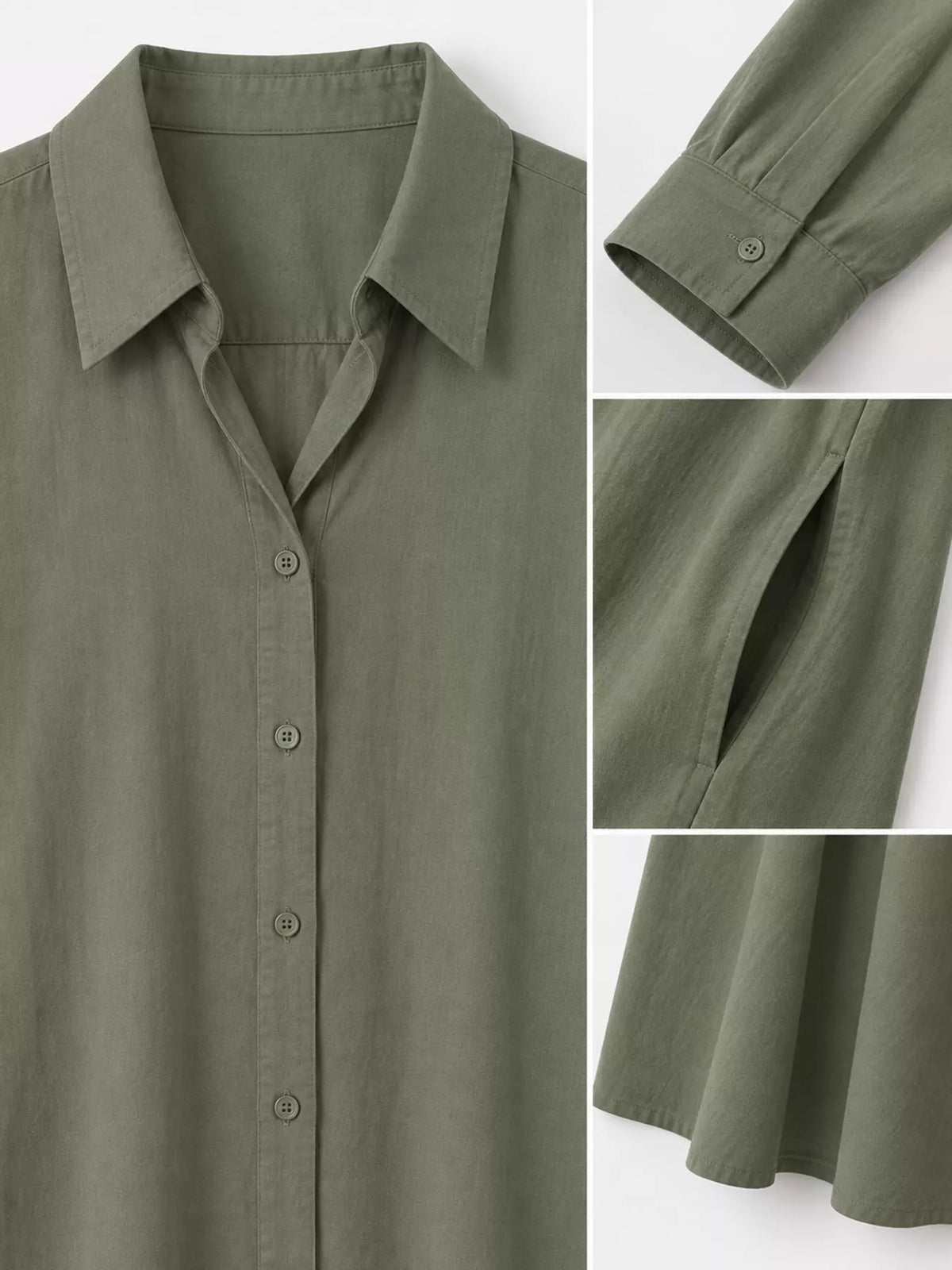 Olive green shirt dress close-up: collared V-neck and button placket on sleeves