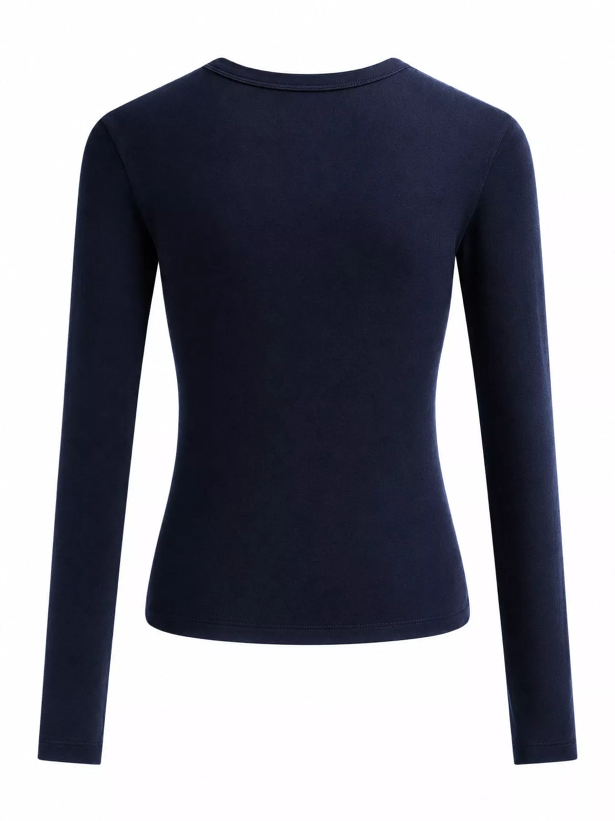 Navy slim-fit long sleeve crew neck T-shirt, back view with smooth neckline