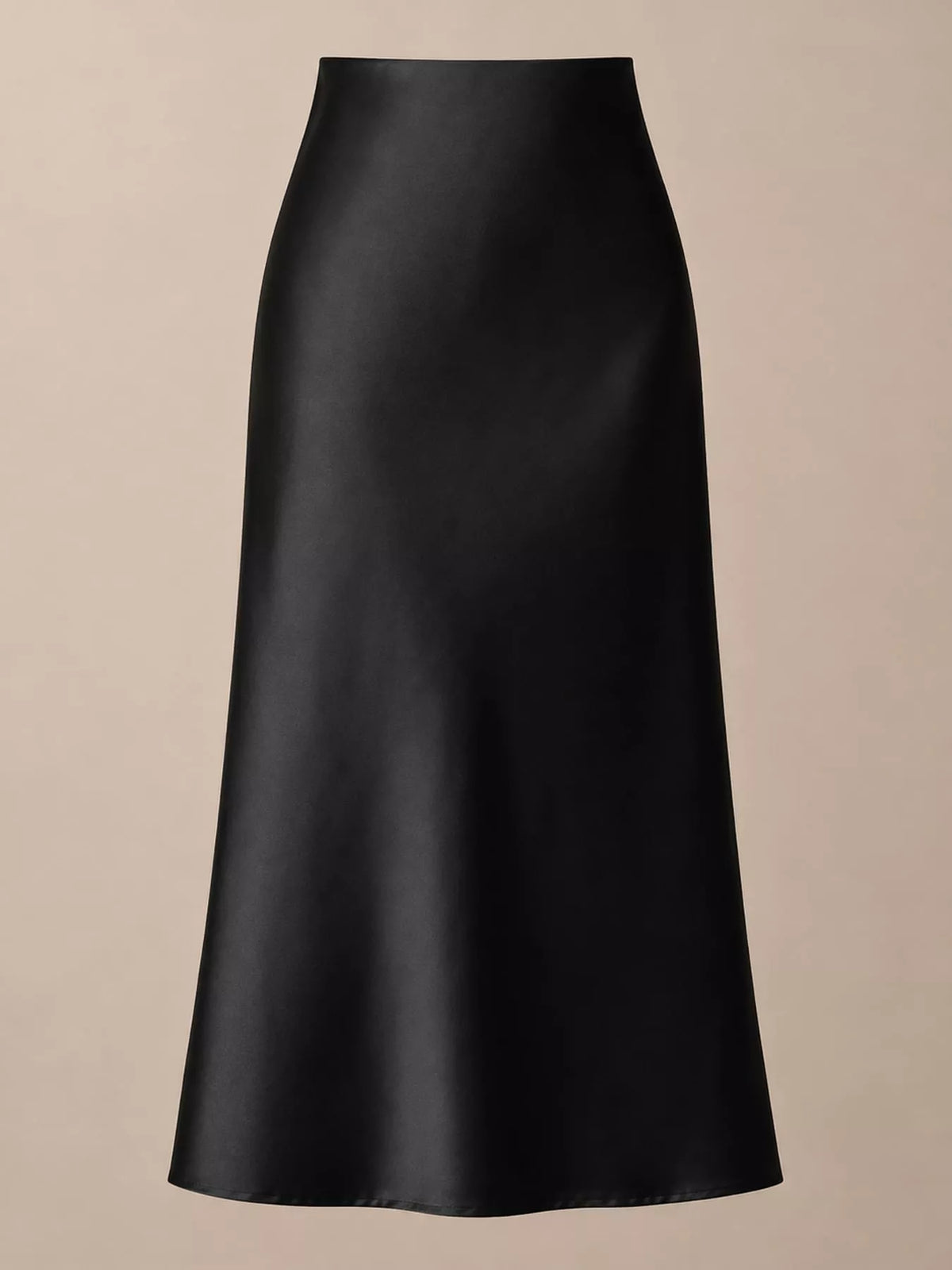 High-waisted satin midi skirt, solid black with clean straight hem