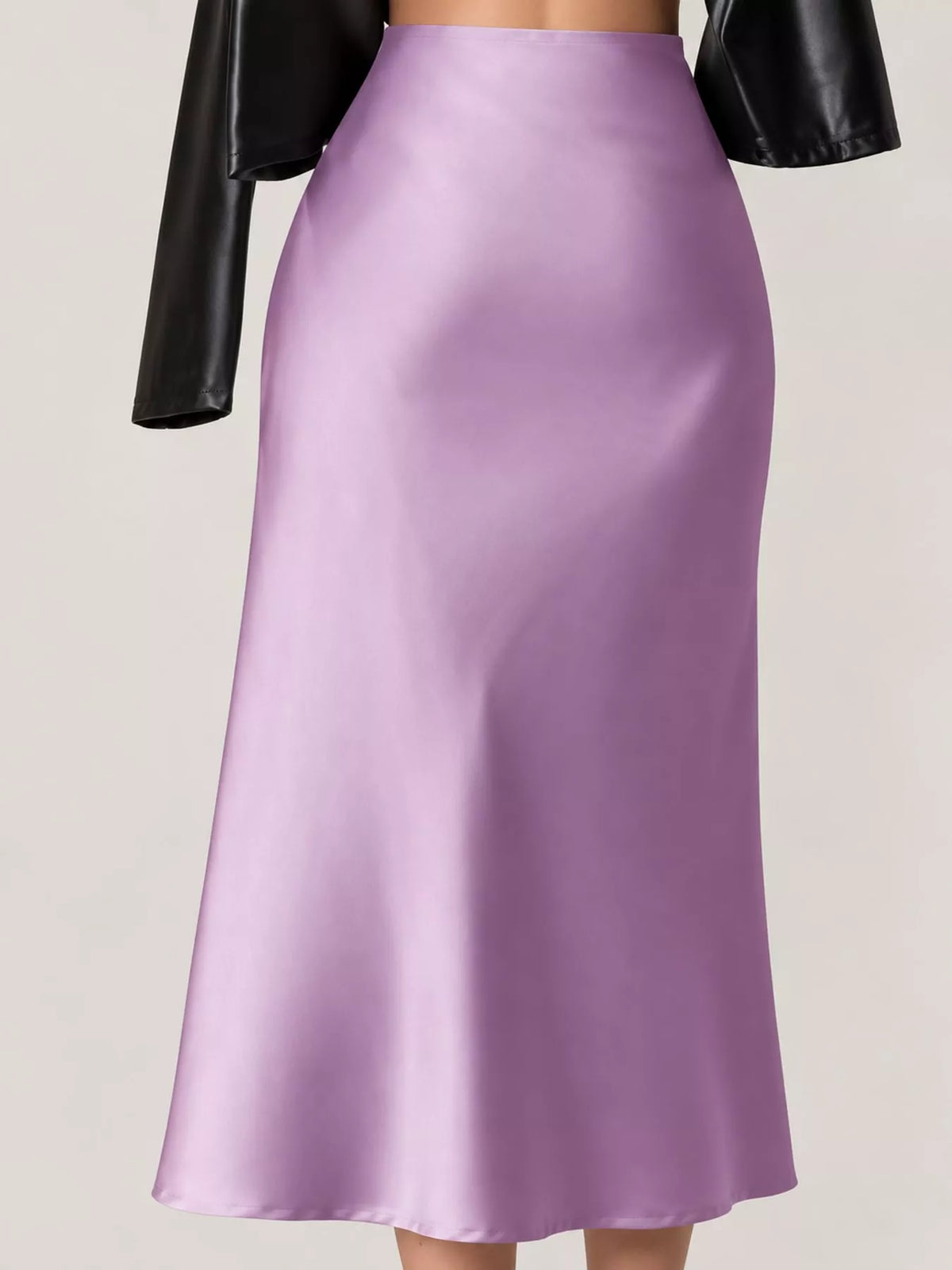 High-waisted satin midi skirt in lavender with smooth satin sheen
