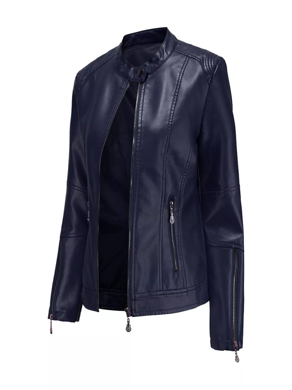 Navy faux leather moto jacket with zip front and stand collar
