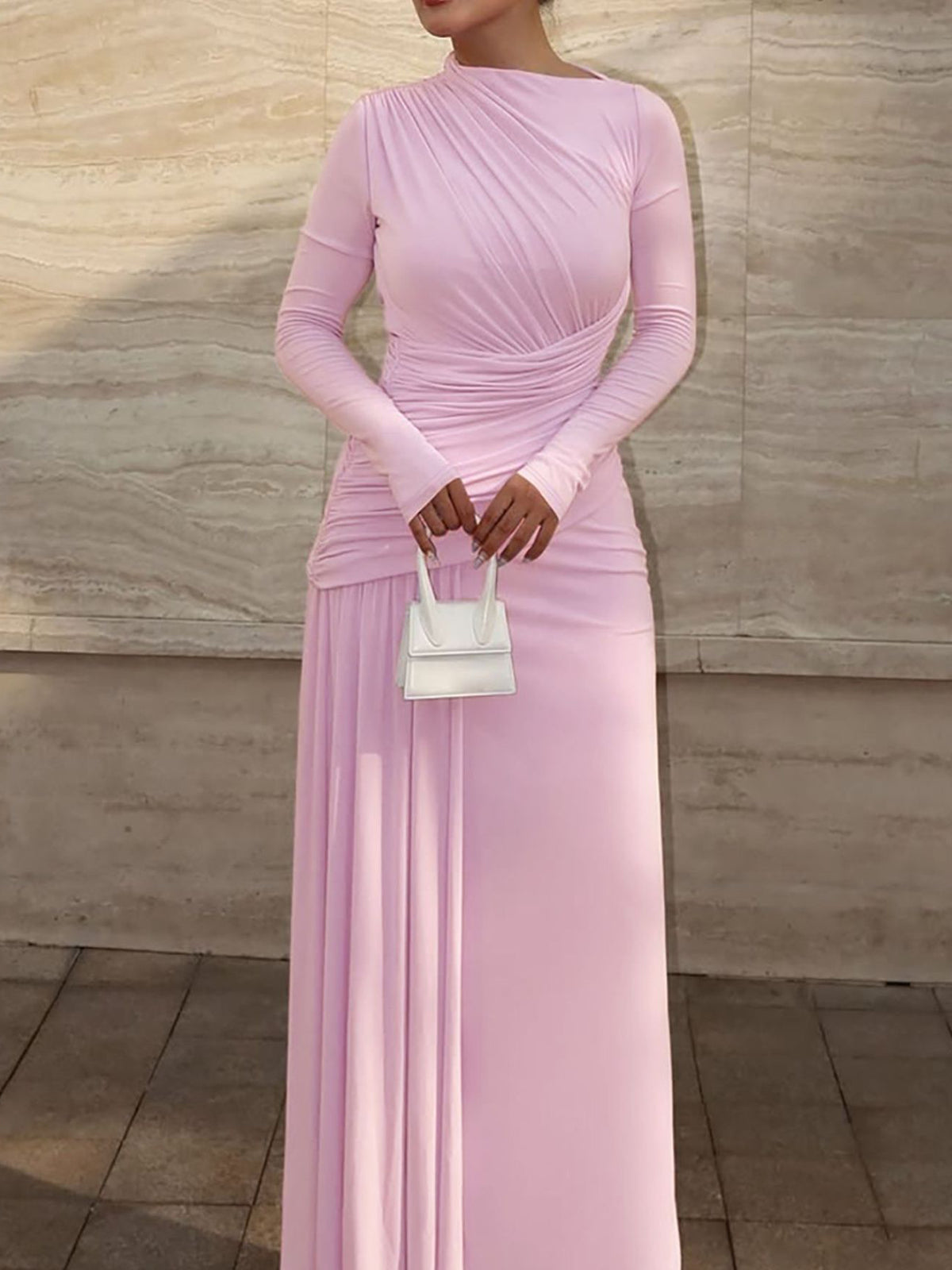 Lilac ruched long-sleeve mermaid maxi dress with diagonal waist ruching and long sleeves