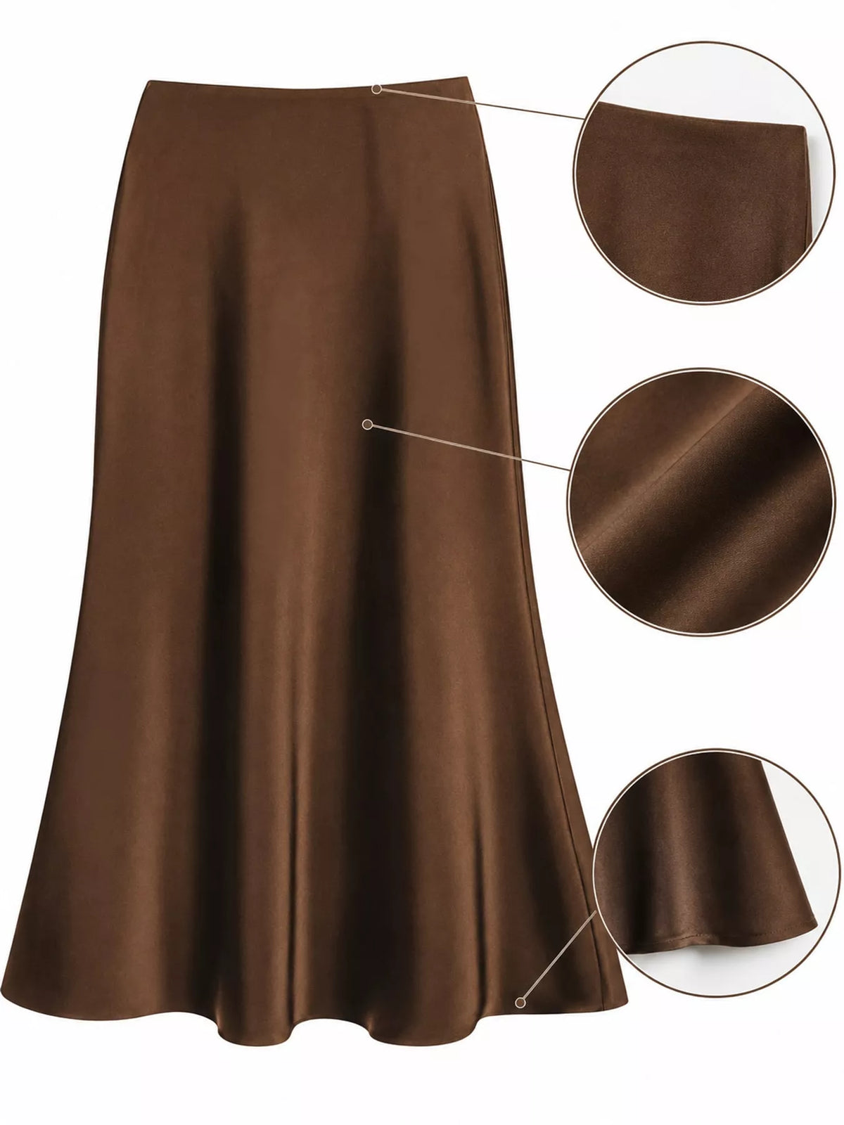 Dark brown satin midi skirt with a flared hem and close-up views of the waist, fabric, and edge