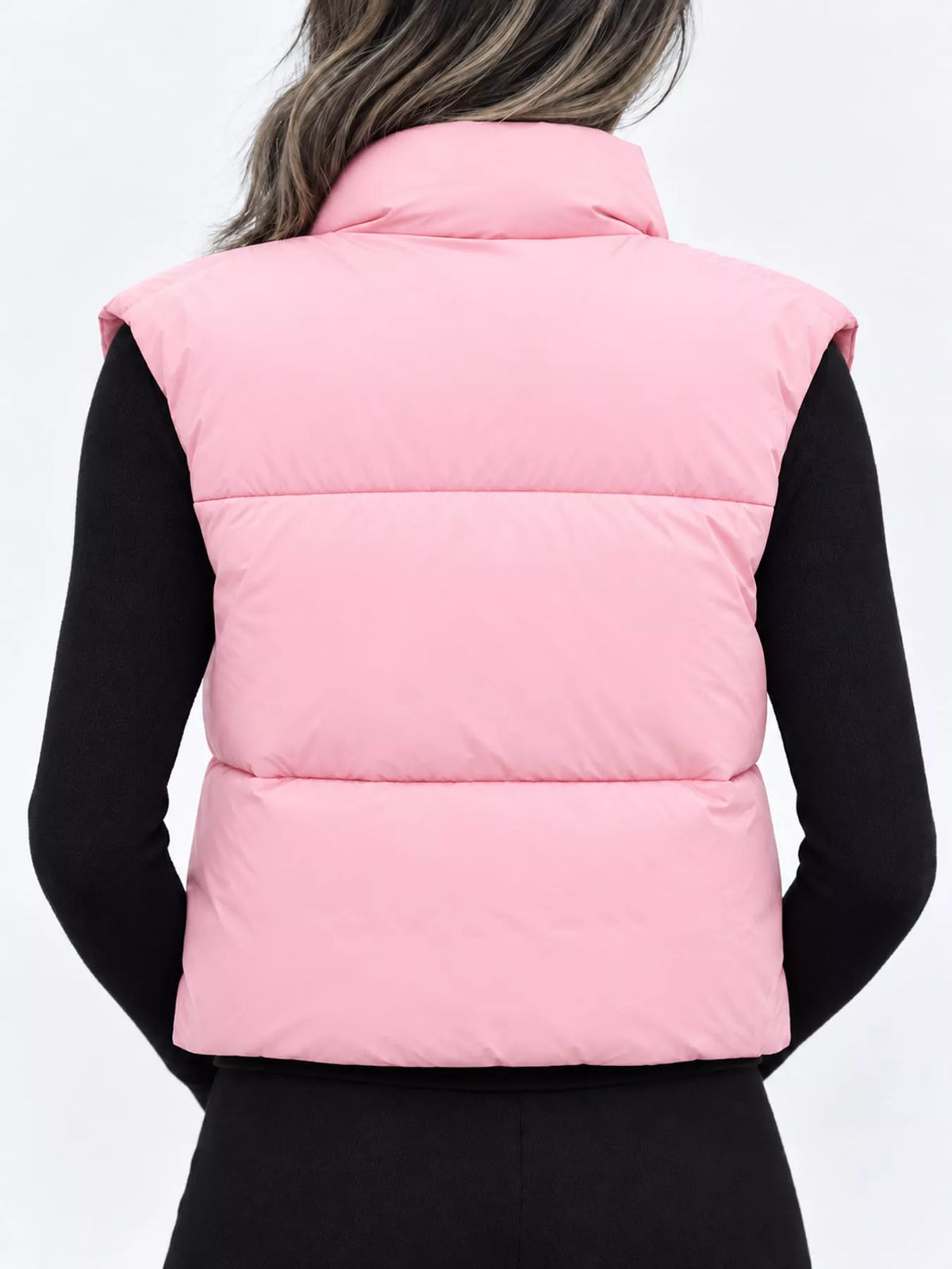 Pink back view zip-up puffer vest with stand collar and horizontal quilted padding