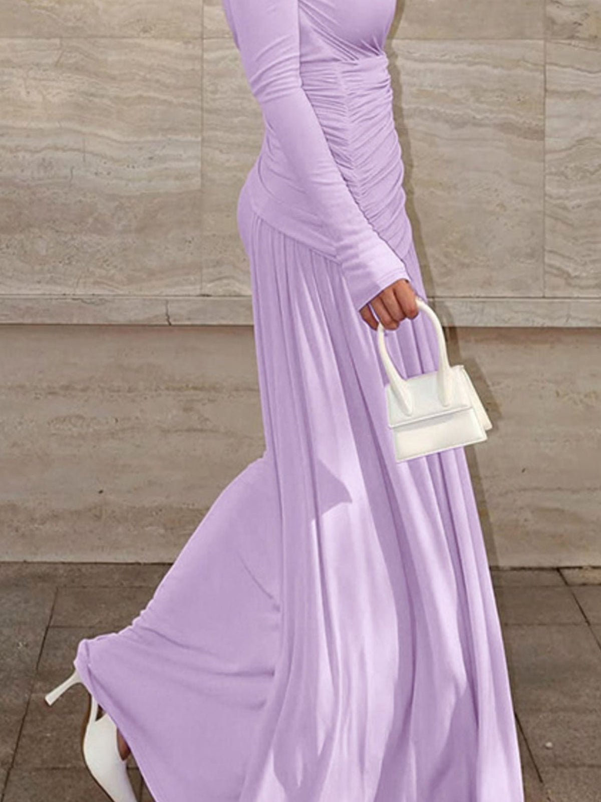 Lilac ruched long-sleeve fitted maxi dress with draped side ruching