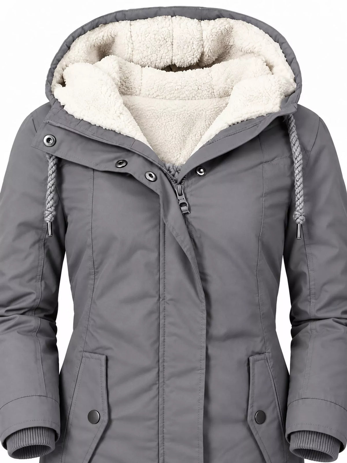 Sherpa-lined hooded parka in dark gray with faux-fur hood lining and front zipper.