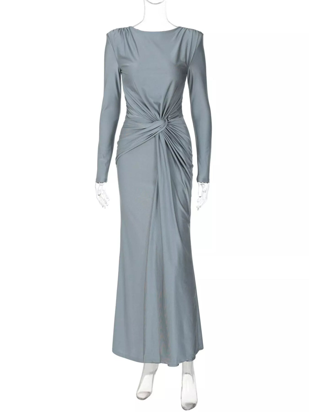 Twisted long-sleeve maxi dress in gray with ruched center knot at waist, draped skirt