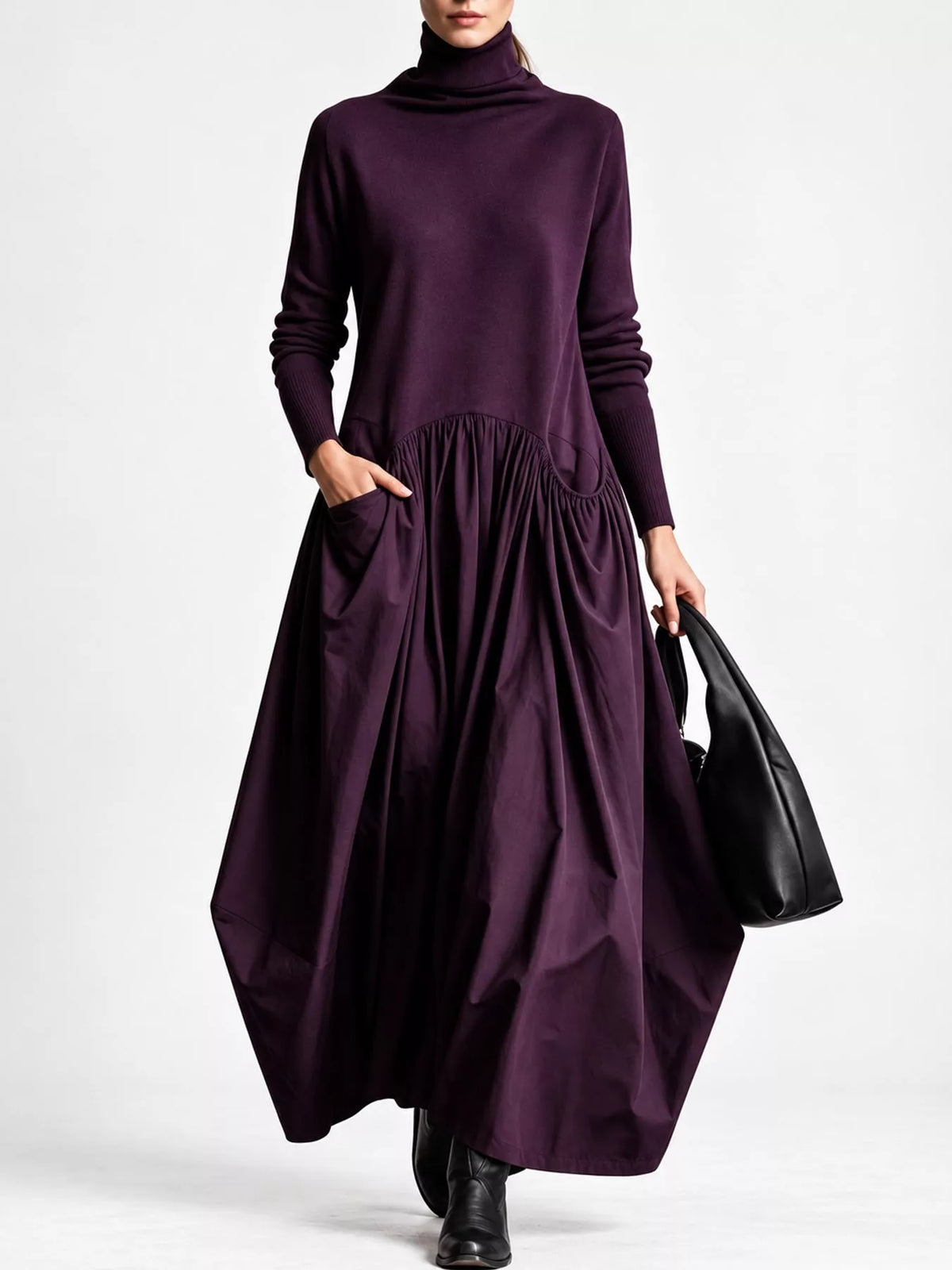 Purple long-sleeve turtleneck maxi dress with gathered waist and side pocket