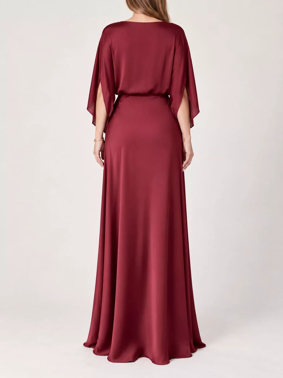 Wine red satin maxi dress, relaxed back with draped cape sleeves