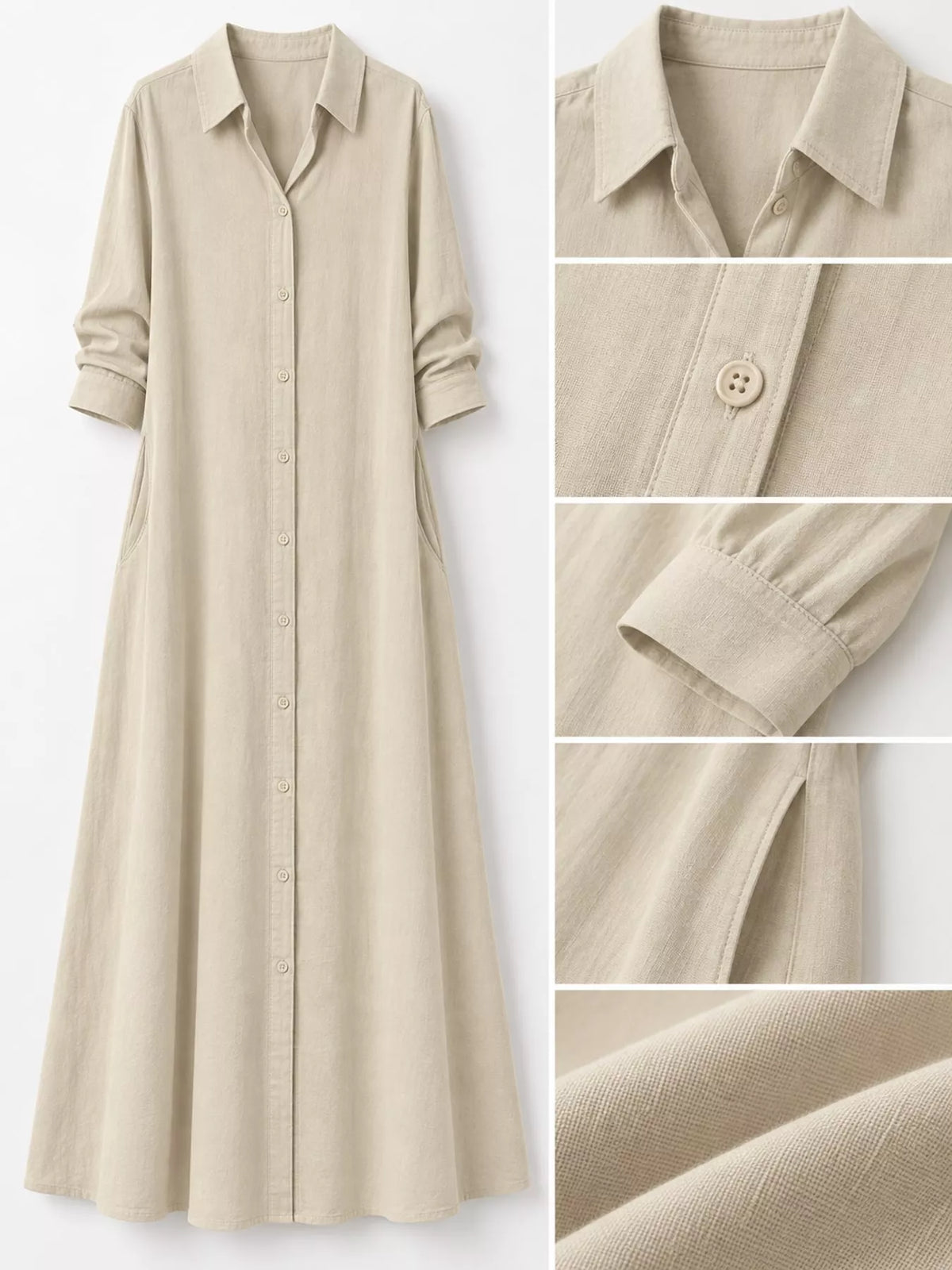 Light beige button-front maxi shirt dress details: collar, buttons, cuffs, woven fabric