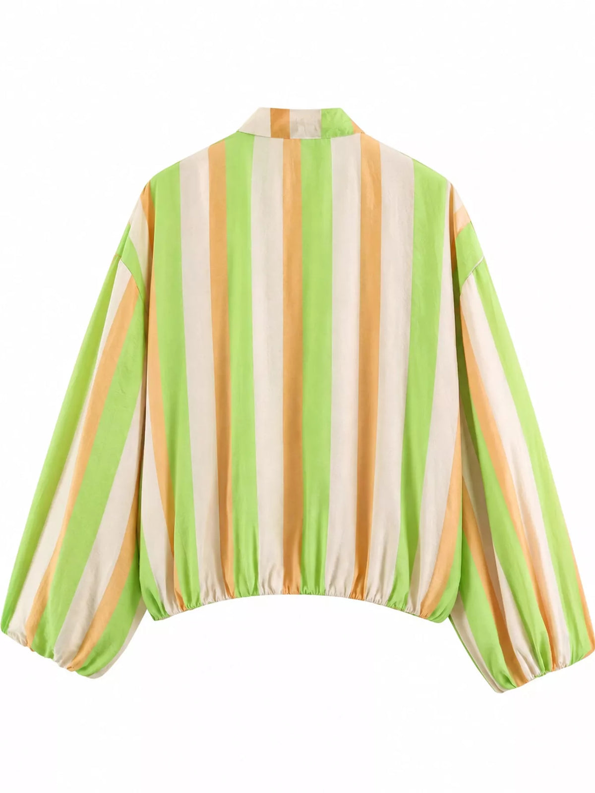 Green striped zip-up lightweight jacket, back view, elastic cuffs and cropped hem